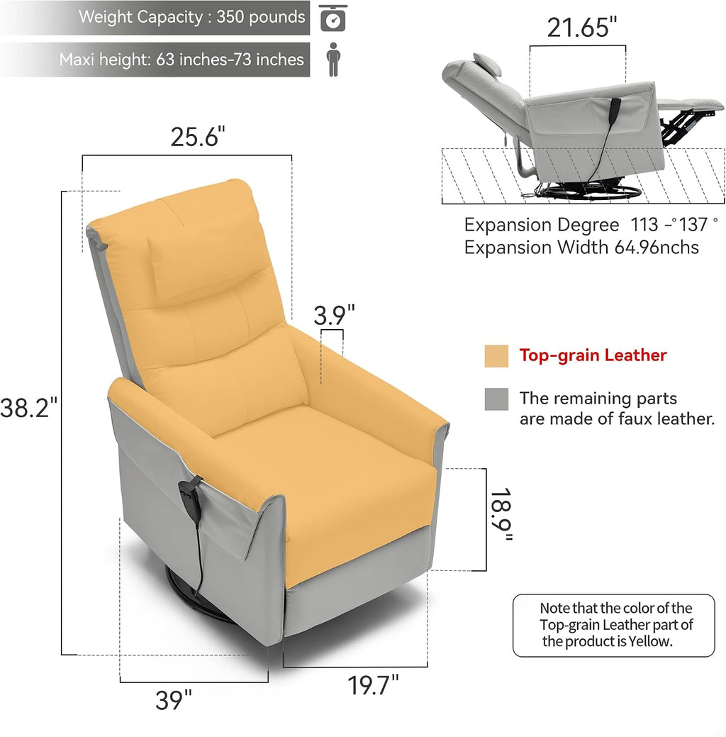 AIRSKY Genuine Leather Recliner Chair, Power Recliner Chair for Adults, Italian Water-Washing Process,Single Sofa for Living Room,Swivel Rocker Recliner, Lazy Boy Recliner Chairs,Grey, P1