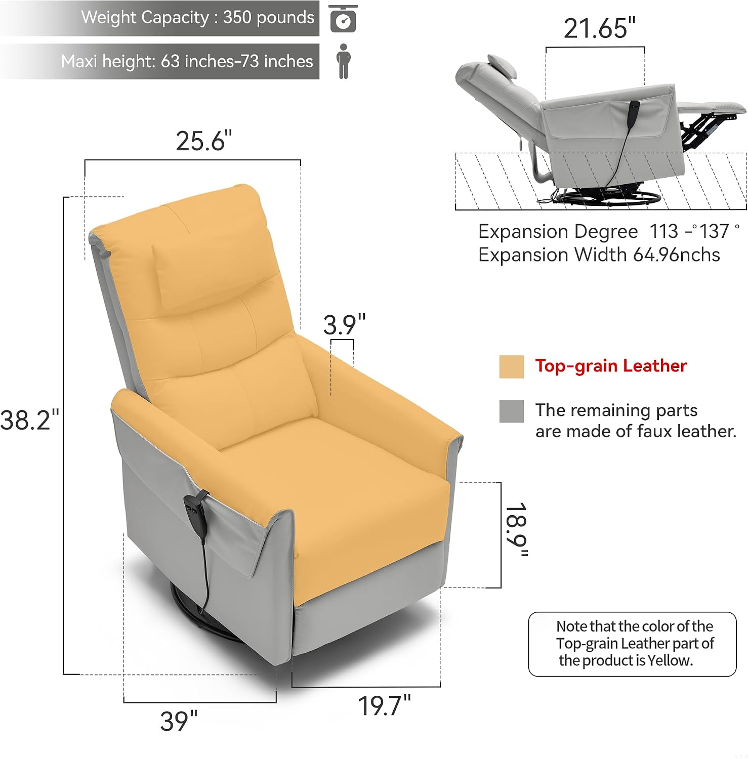 AIRSKY Genuine Leather Recliner Chair, Power Recliner Chair for Adults, Italian Water-Washing Process,Single Sofa for Living Room,Swivel Rocker Recliner, Lazy Boy Recliner Chairs,Grey, P1