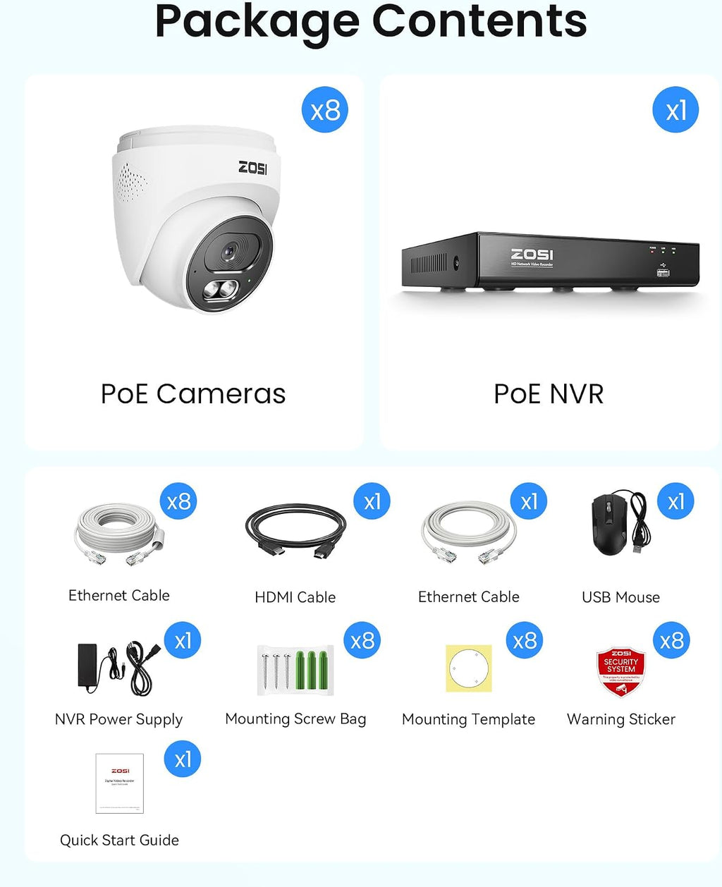 ZOSI C220 4K 8MP 8CH POE NVR Security Camera System (16CH Expandable), 8 x 8MP PoE IP Dome Cameras Outdoor Indoor, AI Human/Vehicle/Face Detection, One-Way Audio, 100ft IR Night Vision, 2TB HDD