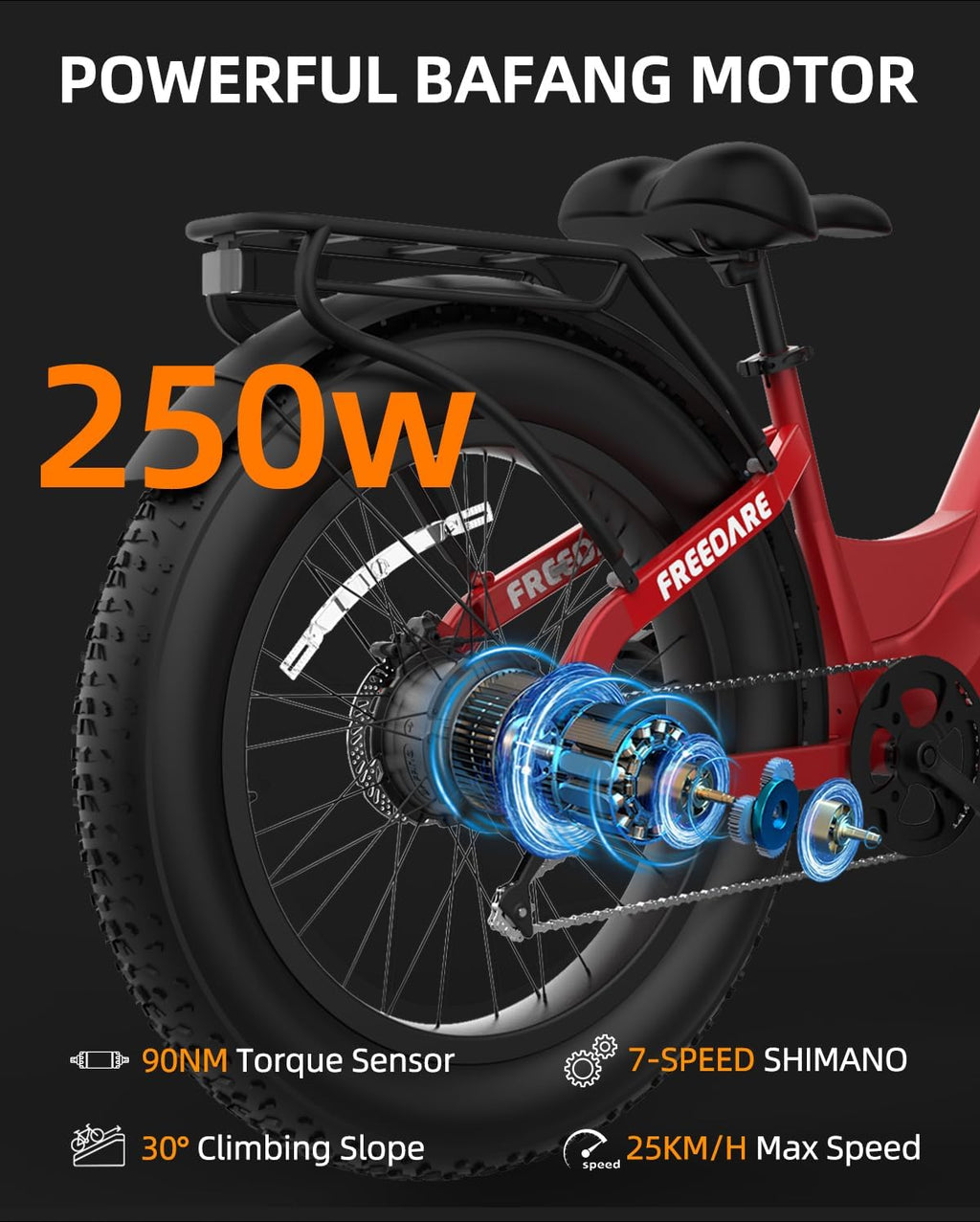 FREEDARE Eden Electric Bike for Adults 750W(Peak 1280W) BaFang Motor,48V20Ah Battery,28MPH Max Speed,90Miles Range,GPS Smart App Control,Mountain Ebike 26x4 Fat Tire Step-Through Electric Bicycle