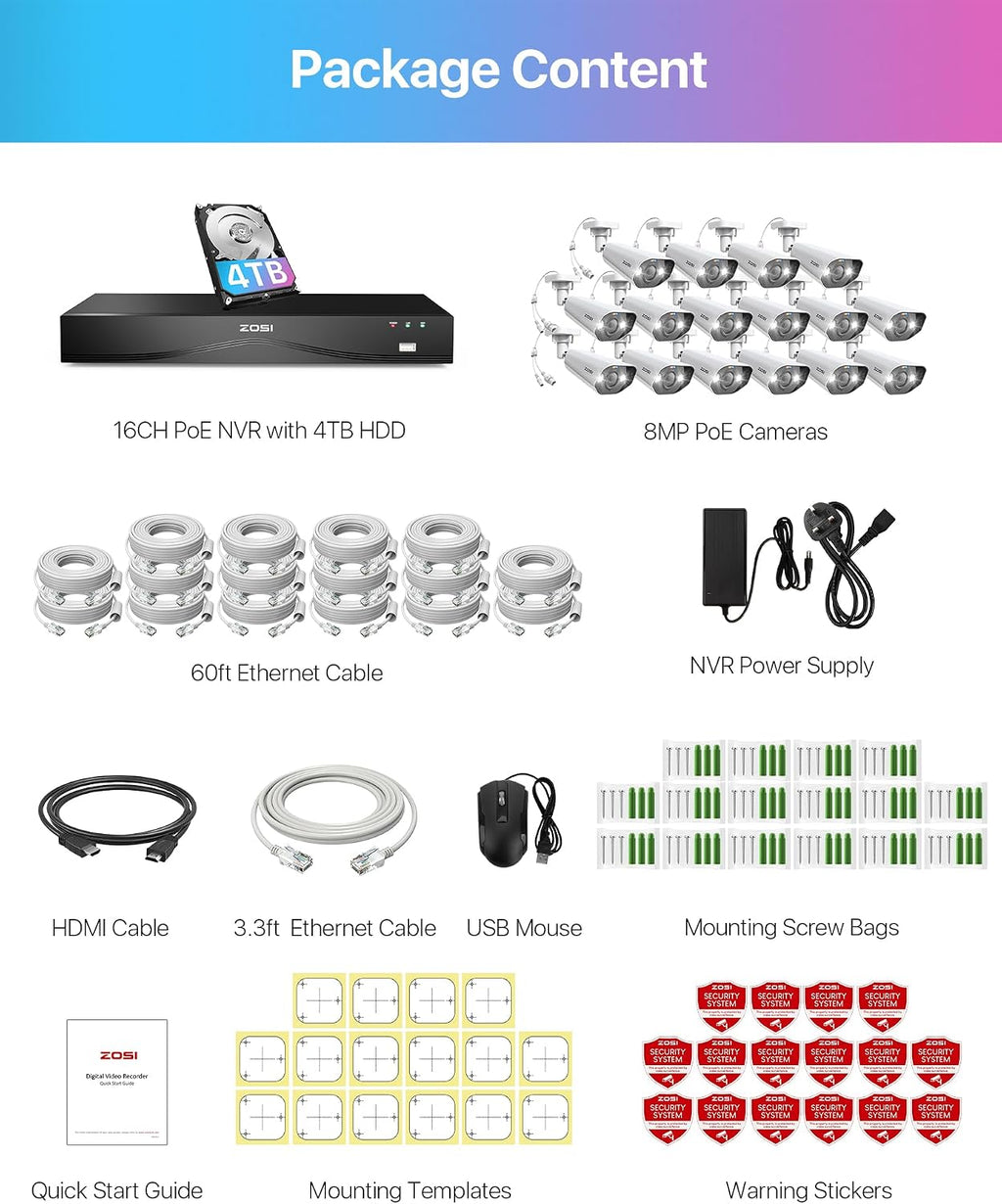 ZOSI 32CH 4K PoE Security Camera System, 16x 8MP Outdoor Wired Cameras, AI Human/Vehicle Detection, 2 Way Audio, Color Night Vision, 16 Port 32 Channel NVR with 4TB HDD for Business 24/7 Recording