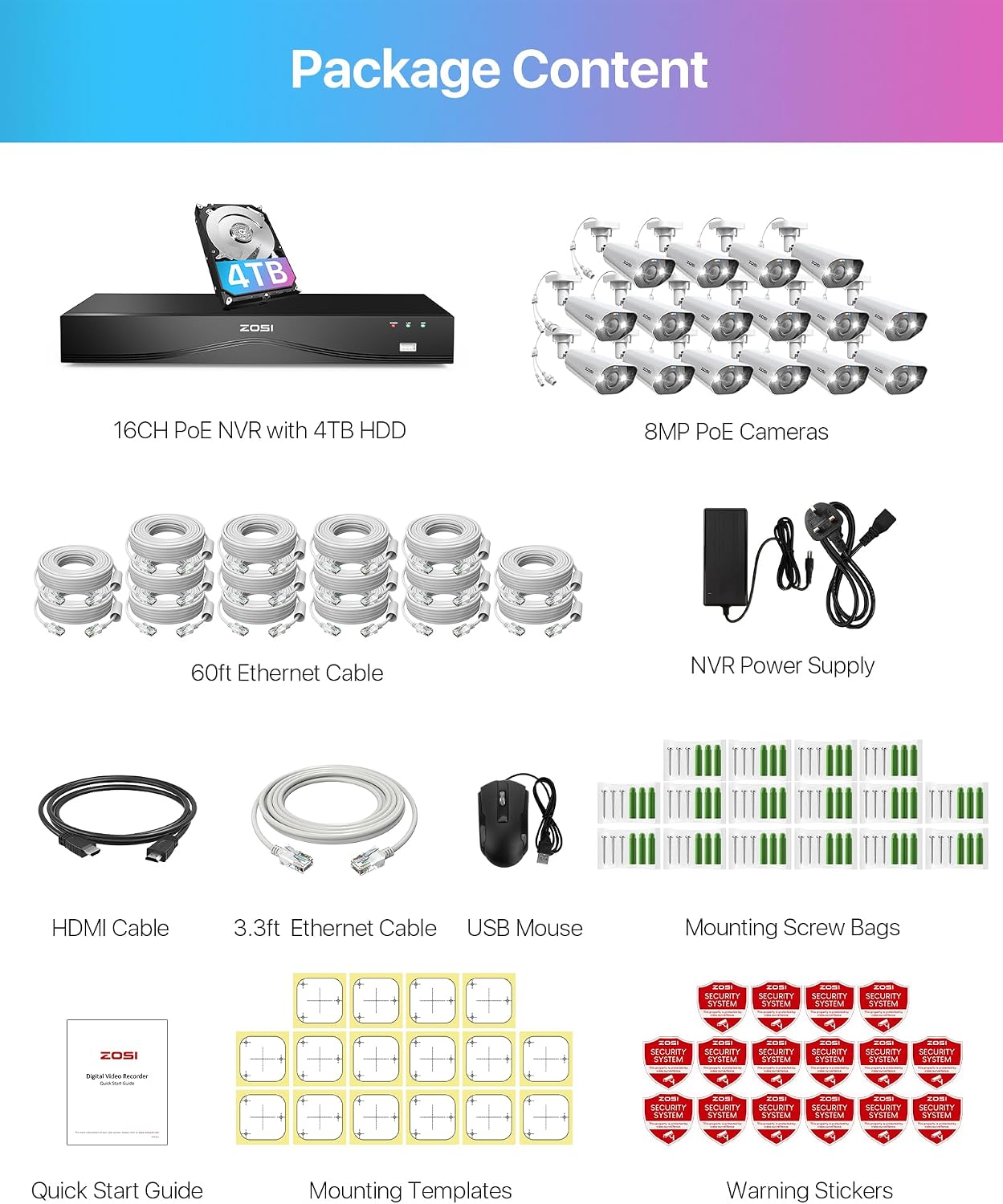 ZOSI 32CH 4K PoE Security Camera System, 16x 8MP Outdoor Wired Cameras, AI Human/Vehicle Detection, 2 Way Audio, Color Night Vision, 16 Port 32 Channel NVR with 4TB HDD for Business 24/7 Recording