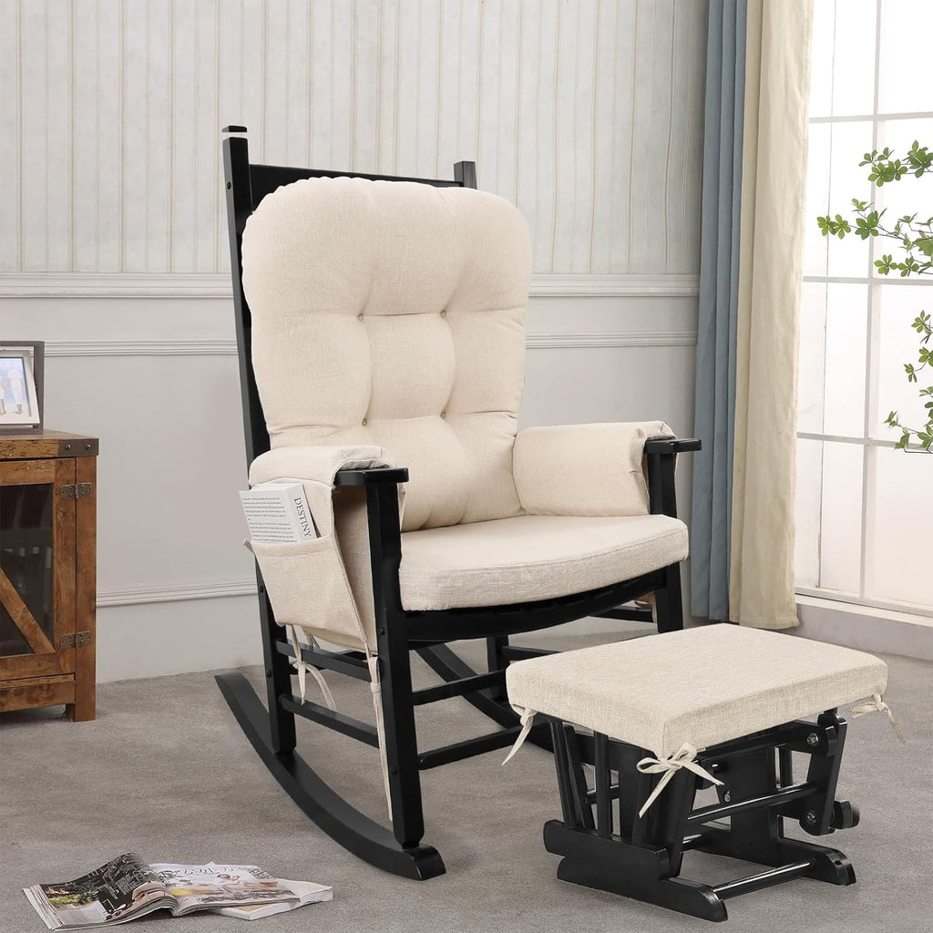 BUYUE Glider Rocker Replacement Cushion 5 PCS with Ties, Linen High-Density Foam Non-Slip & Washable Rocking Chair Pads for Sitting, Beige