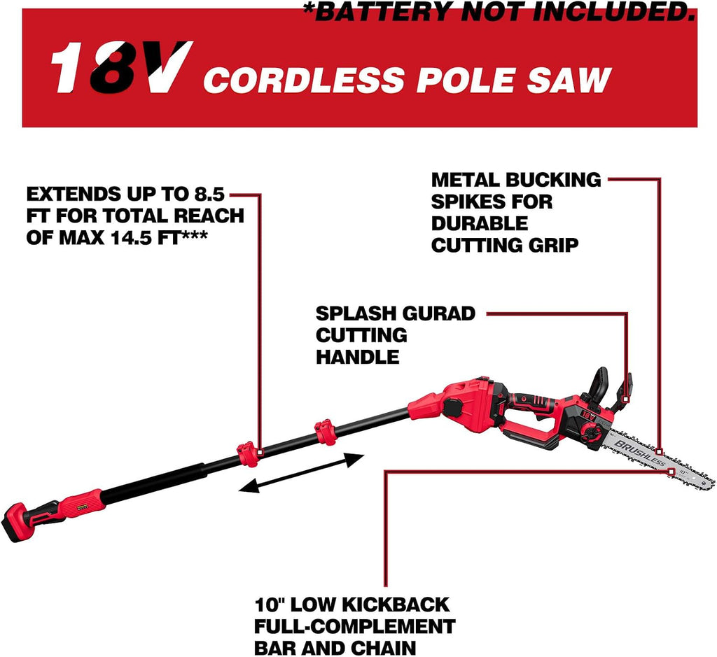 2-IN-1 Cordless 10-Inch Pole Saw And Chainsaw Compatible with Milwaukee 18V Battery, Total Reach of Max 15ft, Auto Oiling, Electric Pole Saw for Tree Trimming Pruning (Battery NOT Included)
