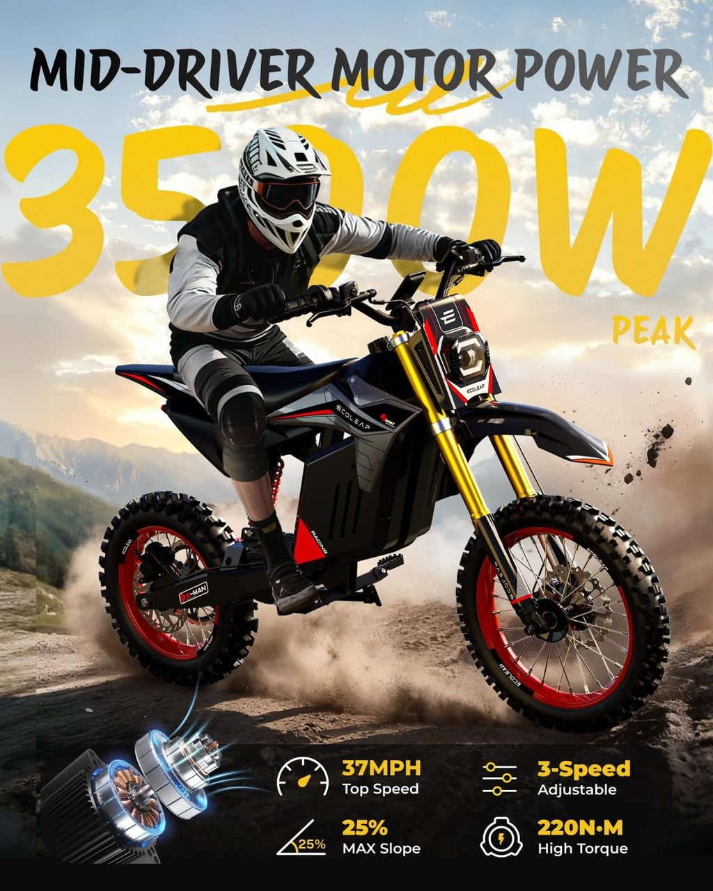 3500W Peak Electric Dirt Bike for Teens & Adults, 37MPH Electric Off-Road E-Bike with 48V 21Ah Battery, Up to 55 Miles Range, Dual Suspension, Hydraulic Brakes, 400LBS Load, Fit Age 13+