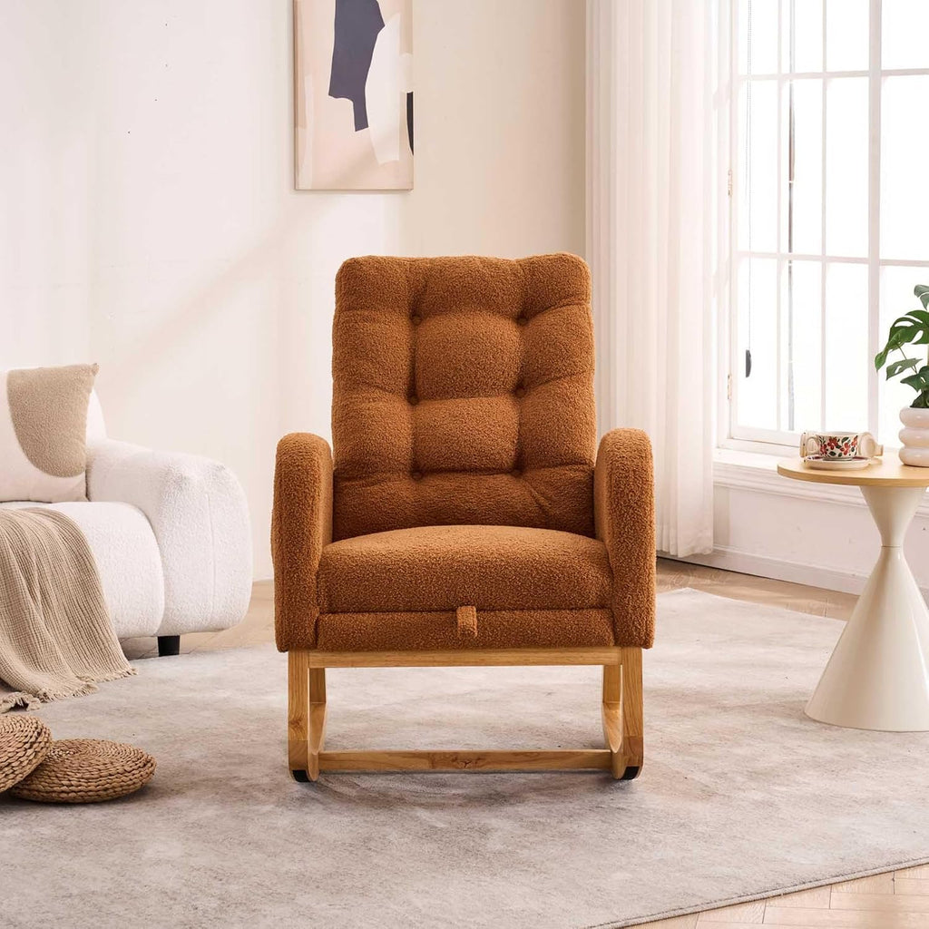 Nursery Rocking Chair with Foot Rest & Side Pocket, 300lbs Capacity, Rocking Chairs with High Backrest, Suitable for Living Room Bedroom, Comfort (Caramel)