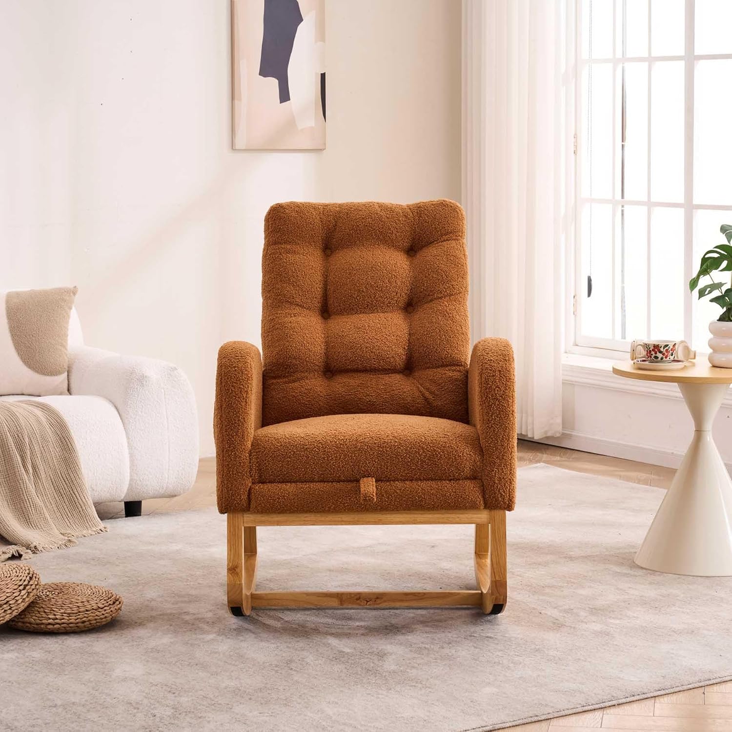 Nursery Rocking Chair with Foot Rest & Side Pocket, 300lbs Capacity, Rocking Chairs with High Backrest, Suitable for Living Room Bedroom, Comfort (Caramel)