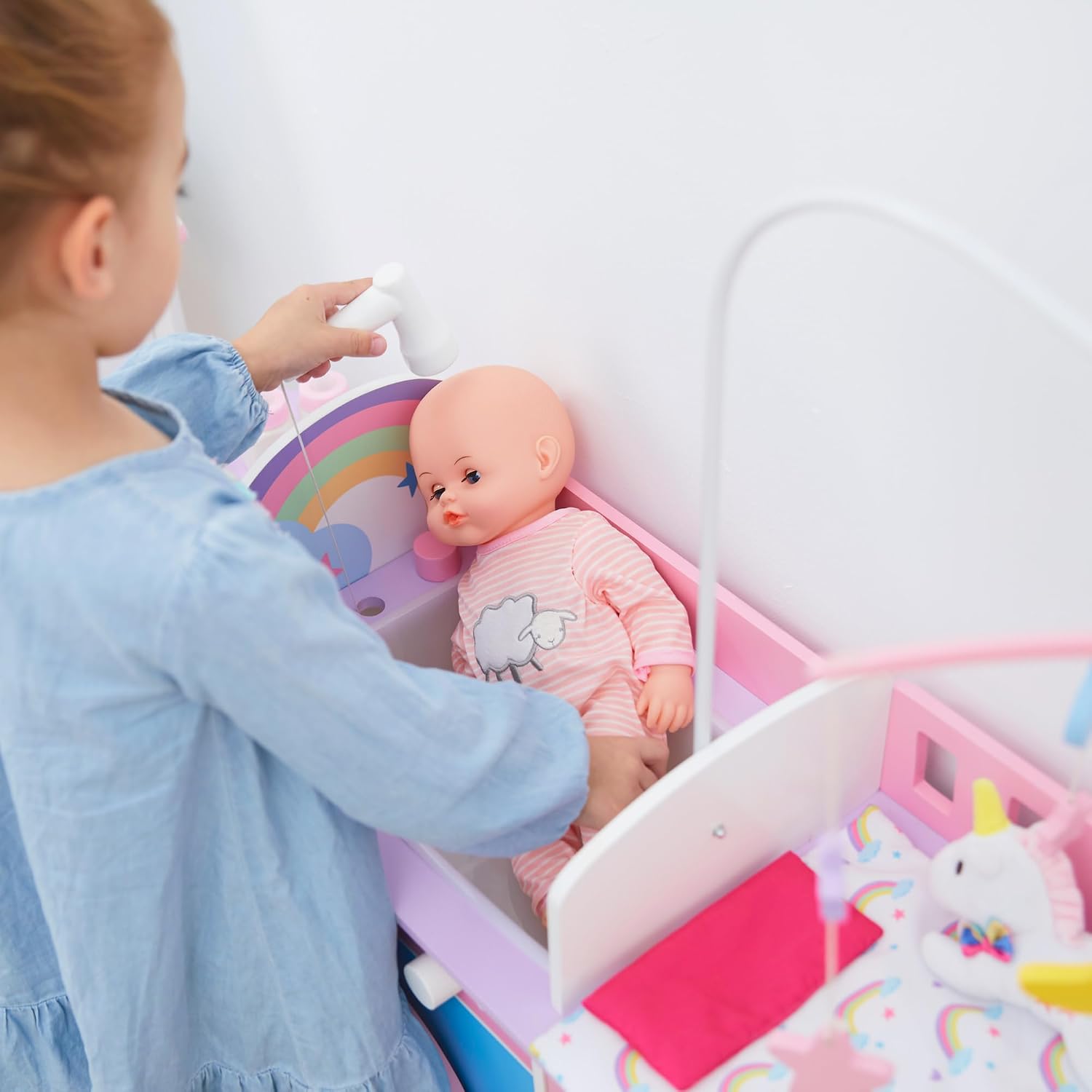 Teamson Kids - Olivia's Classic 6 in 1 Baby Doll Changing Station with Storage, Pretend Play Dolls Furniture, Pink/Purple