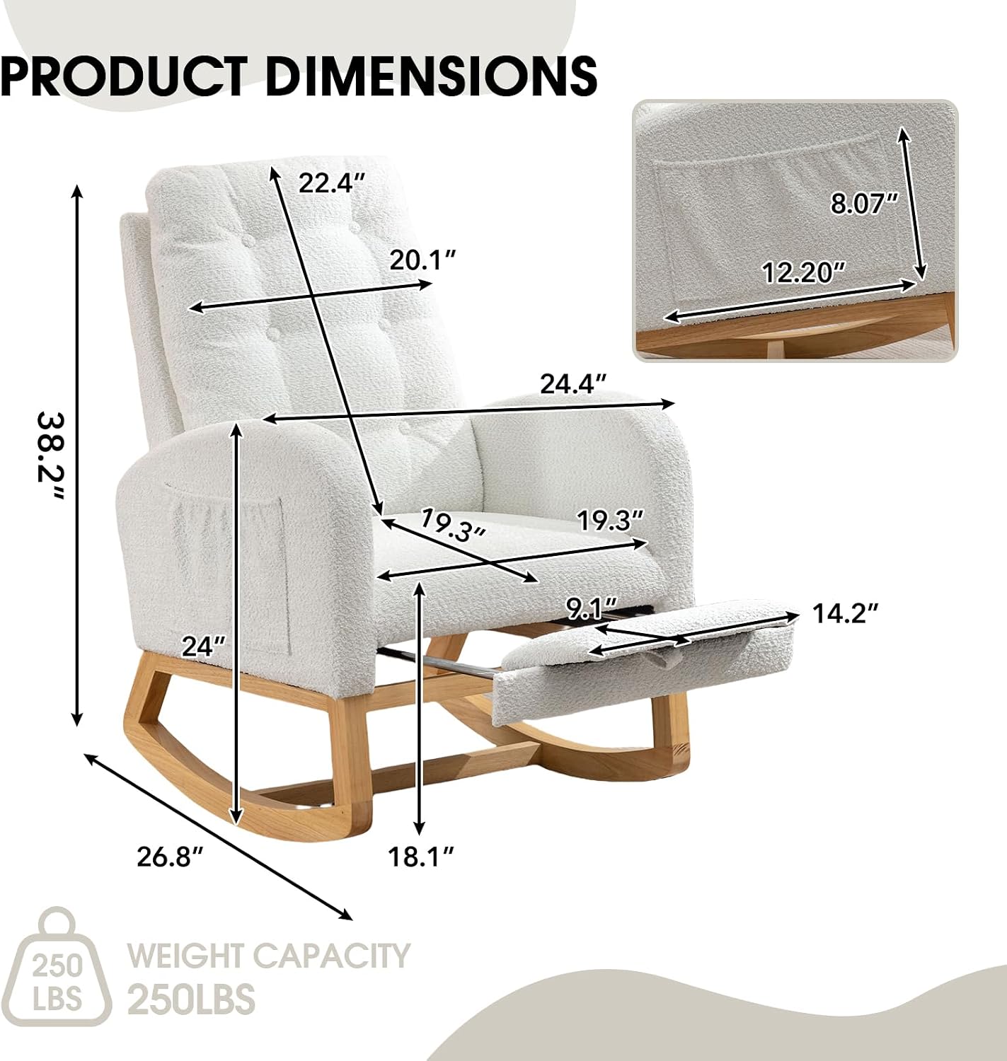 NIOIIKIT Rocking Chair Nursery, Polar Fleece Upholstered Glider Chair with Footstool, Tufted Rocker Recliner Chair with Side Pocket, Comfy Glider Accent Chair for Living Room (White Polar Fleece)