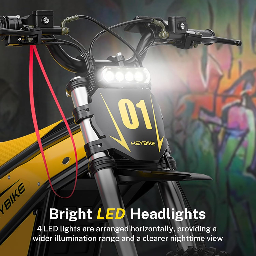 Heybike Villain Electric Dirt Bike, 4160W E Dirt Bike with 52V 26AH Battery, 14'/12' Fat Tire Electric Motorcycle for Teens, Max 45MPH Ebike with Reversing Function(with Crossbody Bag; Yellow)
