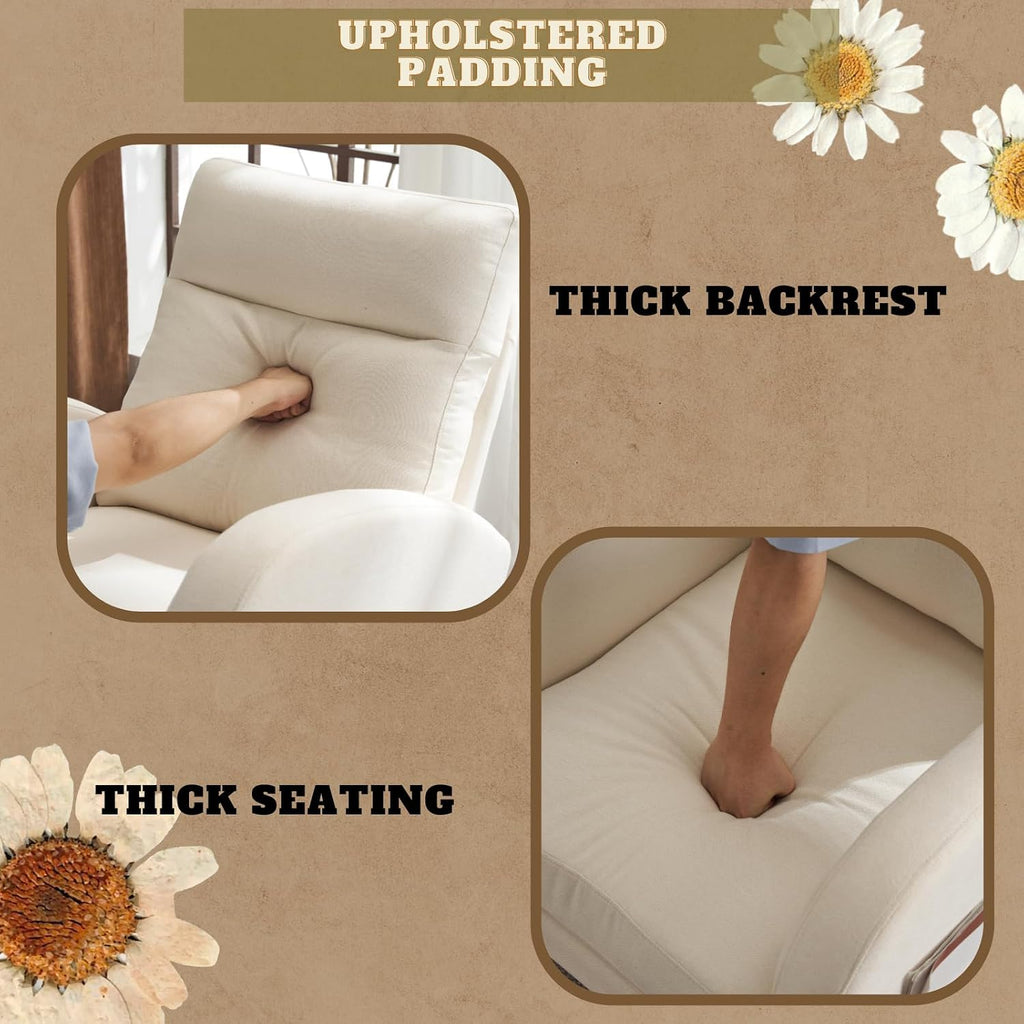 VINGLI Beige Linen Rocking Chair Nursery with Thick Headrest, Upholstered Mid-Century Modern Nursing Rocker Glider with Curved Armrest, Sturdy Solid Wood Base for Living Room, Bedroom, Baby Room