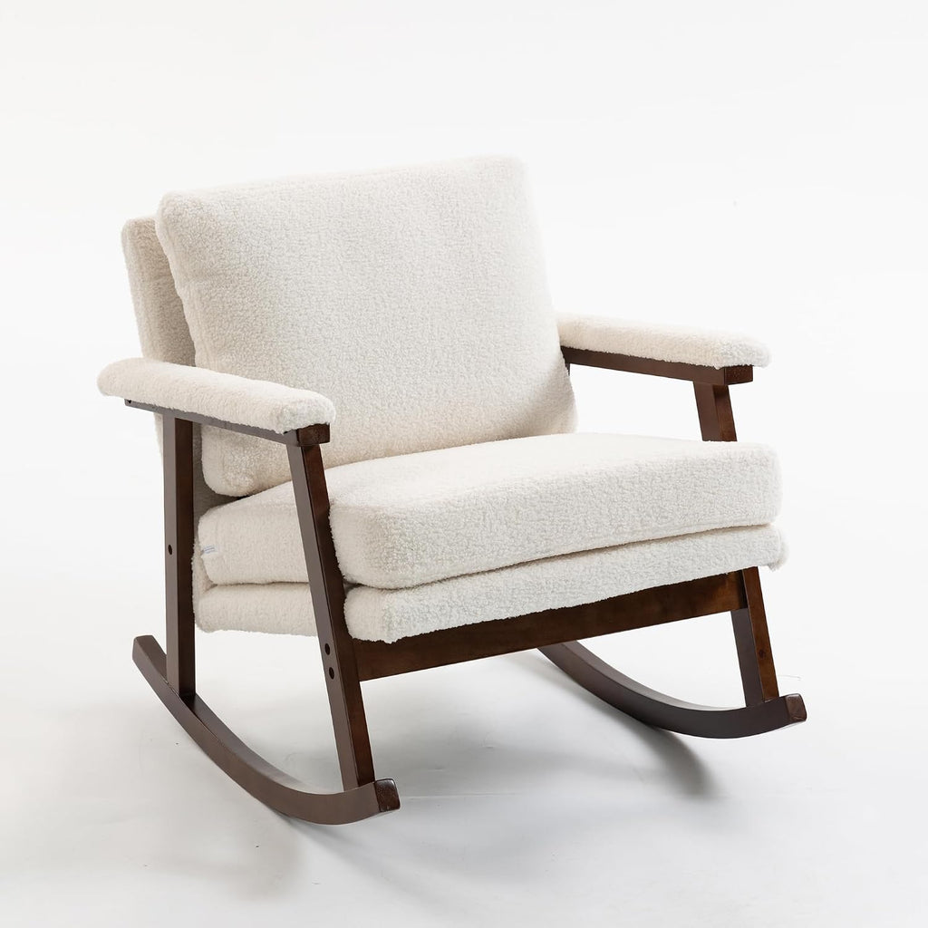 Nursery Rocking Chair Velvet Upholstered Accent Rocker Chair with Backrest Comfy Soft Rocker Glider Solid Rubber Wood Leg for Bedroom Living Room Nursing Room, Antique White