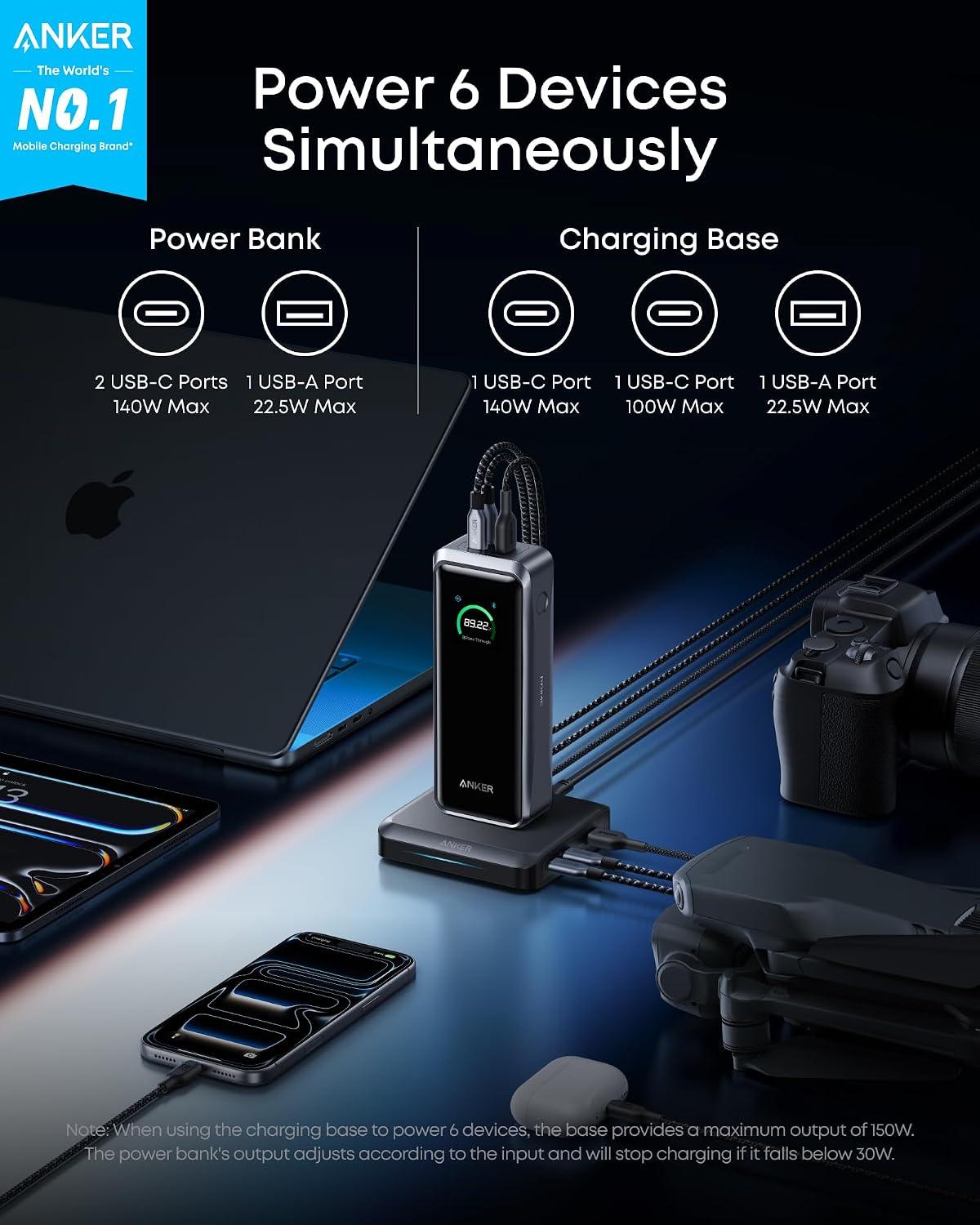 Anker Prime Power Bank and Charging Base, 26,250mAh 300W Max Portable Charger with Base for 6 Devices, Two-Way Charging, TSA-Approved, App Control, for MacBook, iPhone 17/16 Series, and More