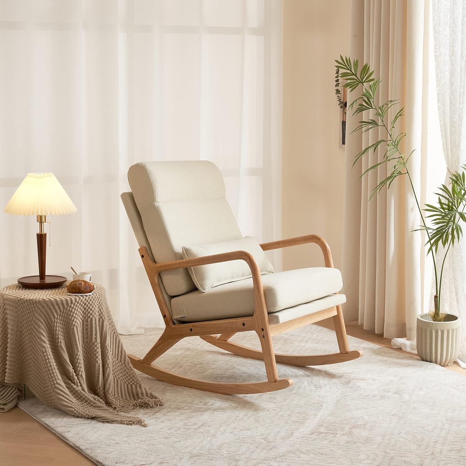 Karl home Nursery Rocking Chair Removable Glider Rocker High Backrest Rocking Armchair Mid-Century Accent Chair with Lumber Pillow for Bedroom, Living Room, Nursery, Beige