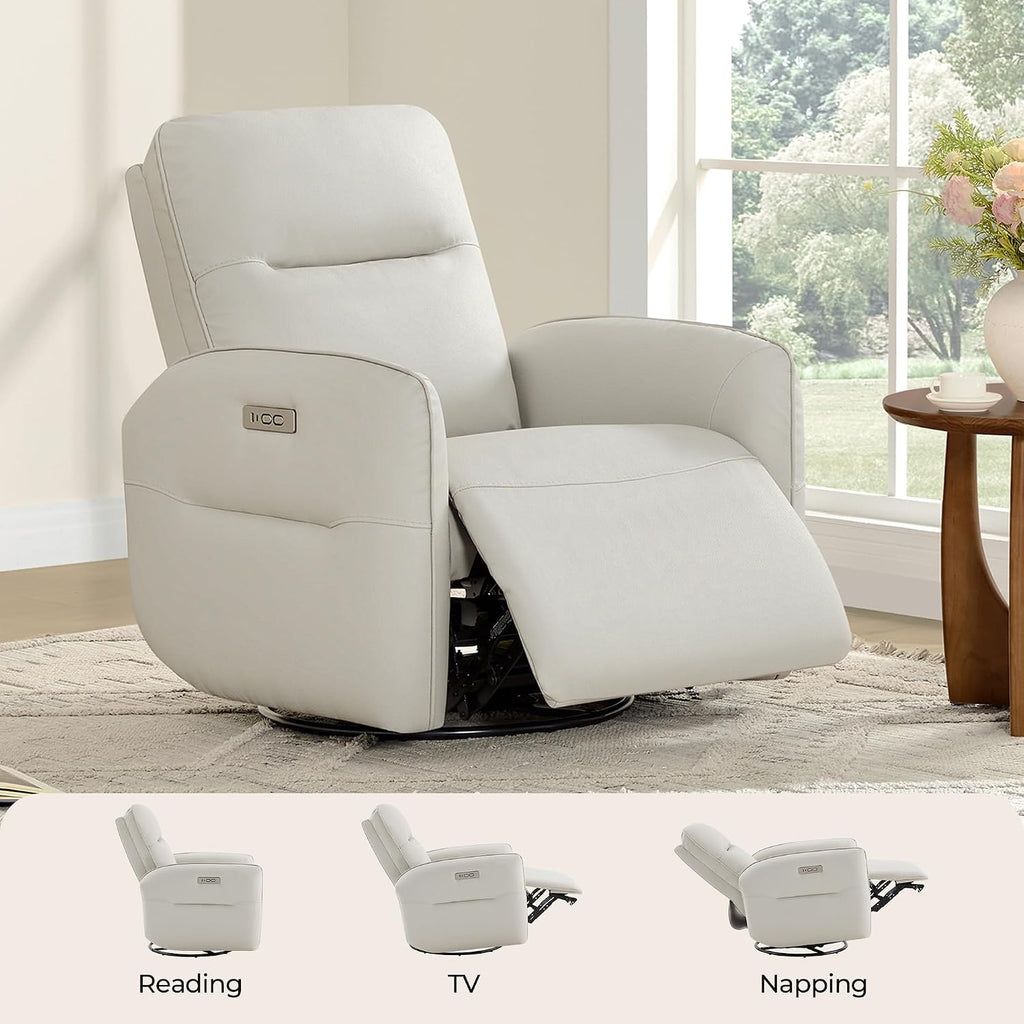CHITA Faux Leather Power Recliner Chair, Swivel Glider Recliner for Adults, Nursery Rocking Chair with USB & Type-C Charging for Living Room, Bedroom, Creamy Grey
