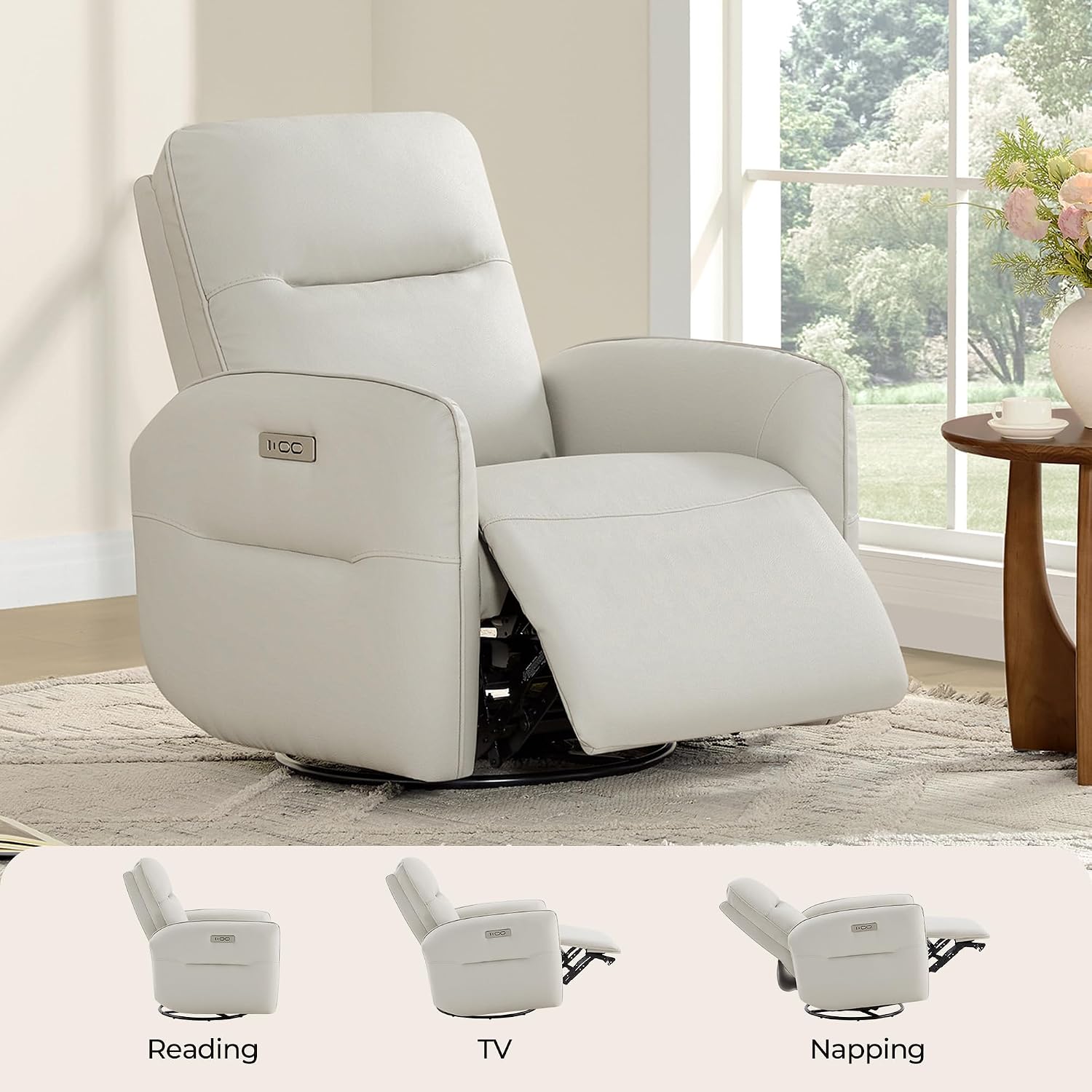 CHITA Faux Leather Power Recliner Chair, Swivel Glider Recliner for Adults, Nursery Rocking Chair with USB & Type-C Charging for Living Room, Bedroom, Creamy Grey