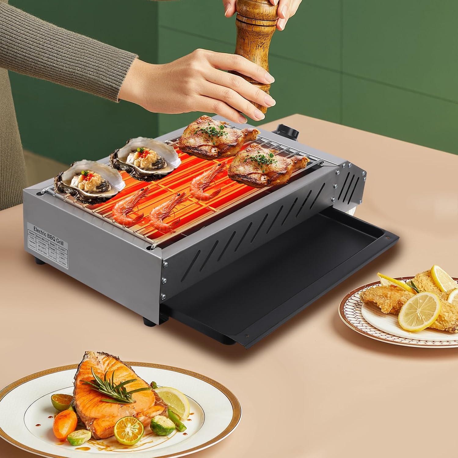Electric BBQ Grill 2500W Table Top Smokeless Indoor Outdoor Grill - Adjustable Temperature Barbecue Equipment for Decks, Patios, Restaurants, Parties