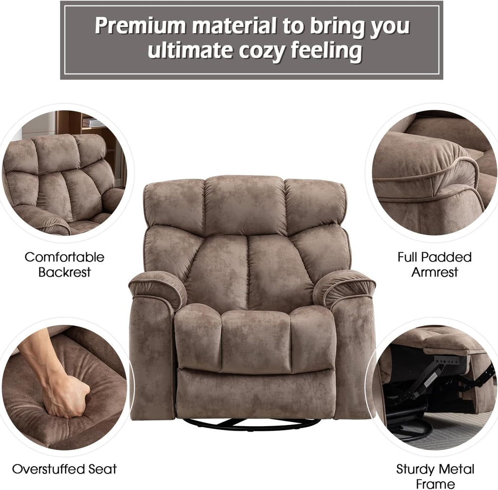 INZOY Oversized Rocker Recliner with Heat and Vibration, Manual Swivel Rocking Recliner Chair with Vibrating Massage, Comfy Padded Overstuffed Soft Fabric Heated Recliner,Camel