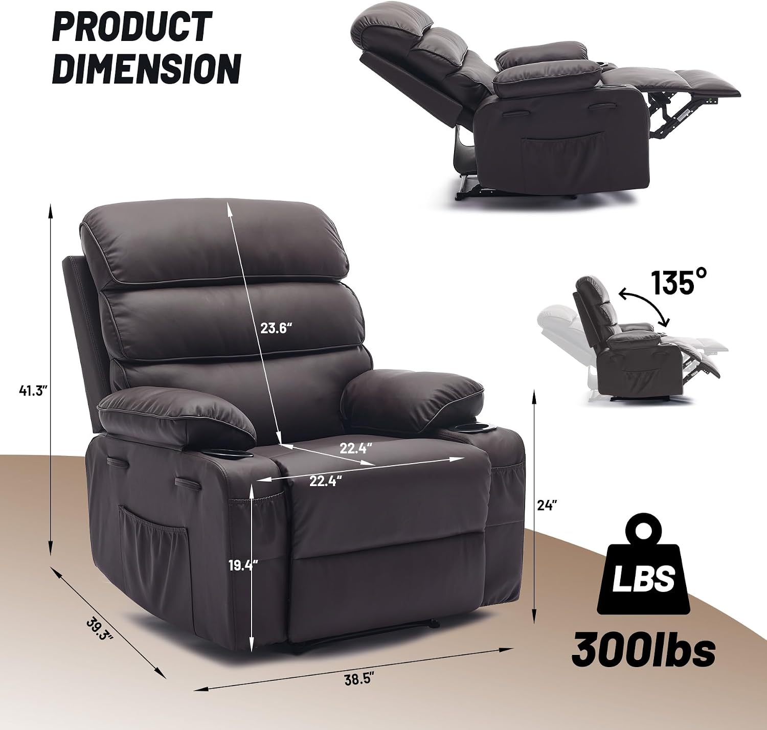 PU Leather Extra Wide Manual Recliner for Adults with Massage and Heat, Large Lazy Chair with 1.5X Sponge Comfort Arm and Back for Living Room, Bedroom