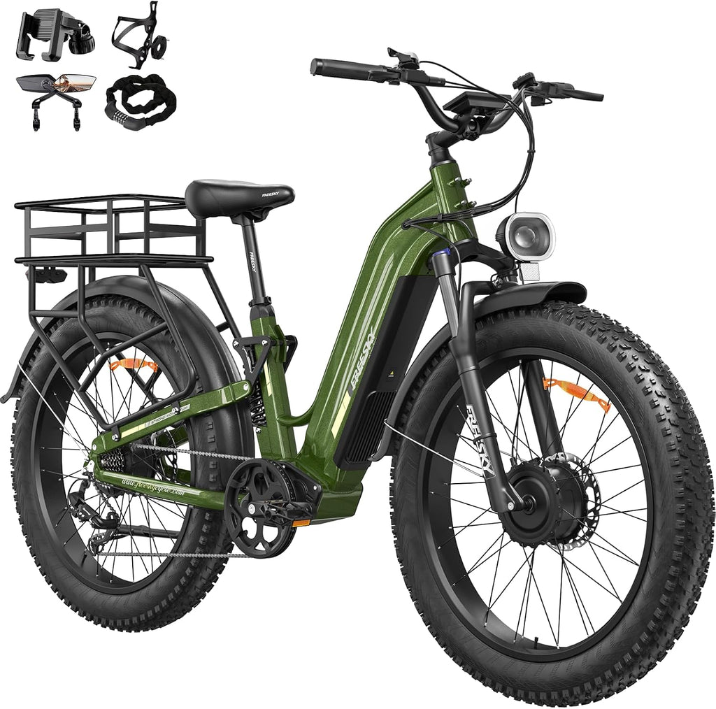 FREESKY Ranger AIR Dual Motor Electric Bike for Adults, 3500W 200NM Fast Ebike,105Miles Long Range E Bike,Full Suspension Electric Mountain Bike, 26'' Fat Tire Electric Bicycle for Man Womens Hunters