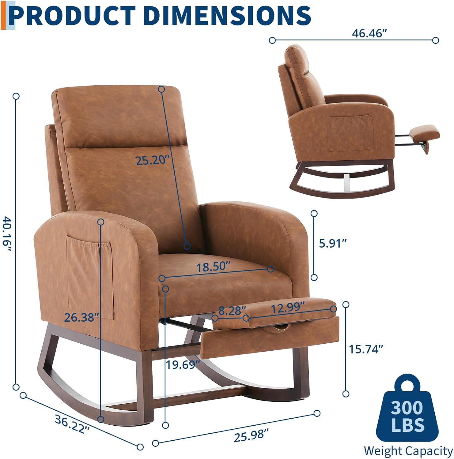 GarveeHome Rocking Chair Nursery with Foot Rest, Modern PU Upholstered Reading Glider Rocker Accent Armchair with High Backrest, Padded Seat, Side Pocket, for LivingRoom, Bedroom, Baby Room, Brown