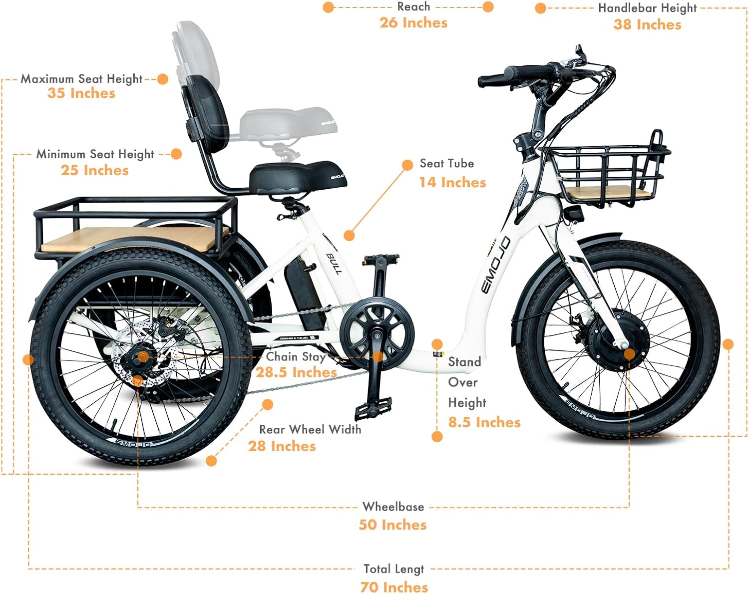 EMOJO Bull Trail 8.5' Low Step Through Electric Tricycle for Adults Up to 100 Miles Long Range Ebike Trike with Differential 500W 7 Speed 20MPH Three Wheel Electric Bike