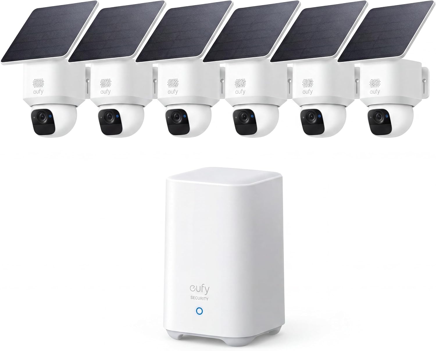 eufy Security SoloCam E30, 6-Cam Kit, Security Cameras Wireless Outdoor, Solar Camera Outdoor Wireless, 360° Pan, AI Tracking, 2K Clarity, No Monthly Fee