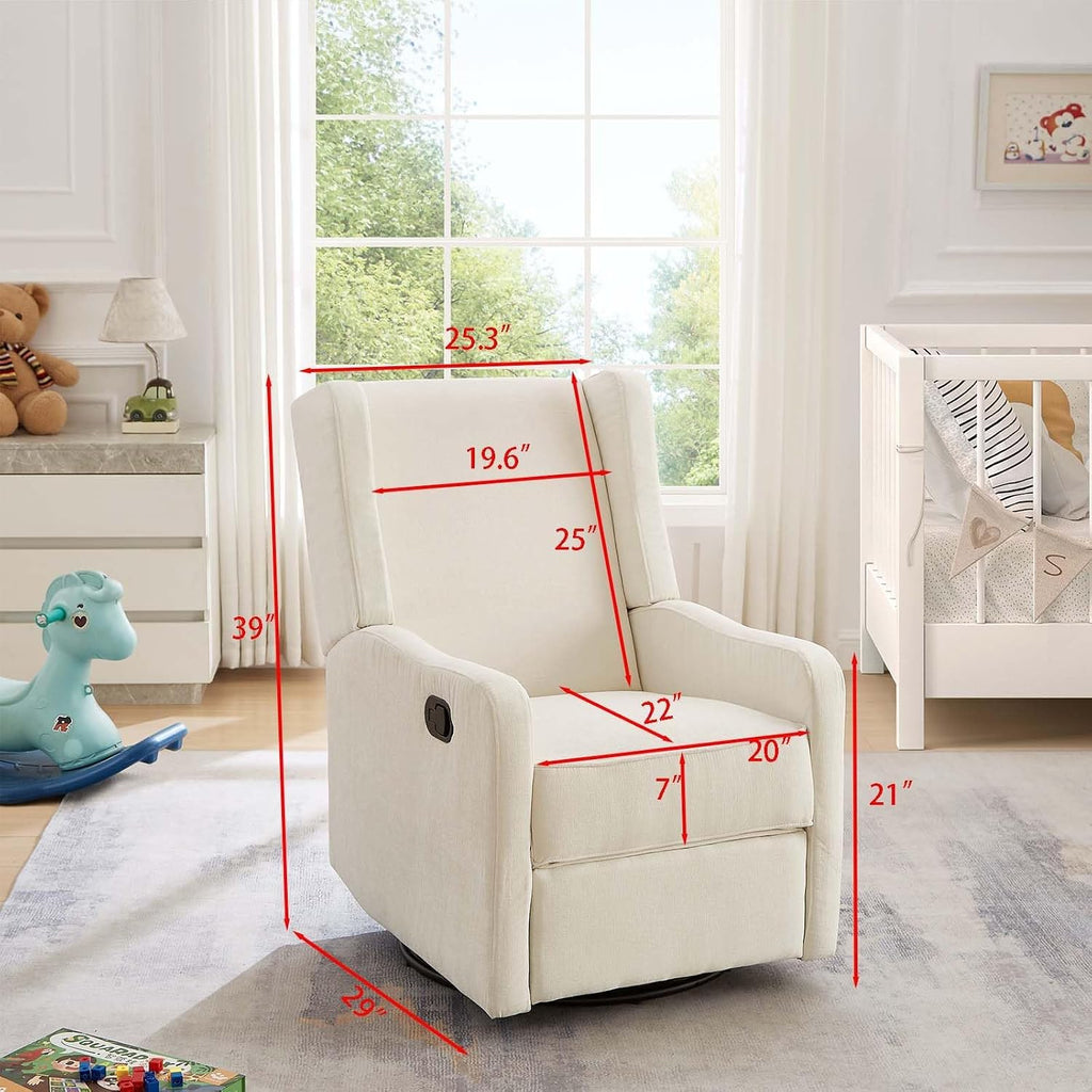 360° Swivel Nursery Glider Recliner Chair, Comfy Upholstered Rocker Recliners for Adults, Modern Ergonomic Nursing Rocking Chair with Footrest and Wingback for Living Room, Bedroom, Lounge, Beige