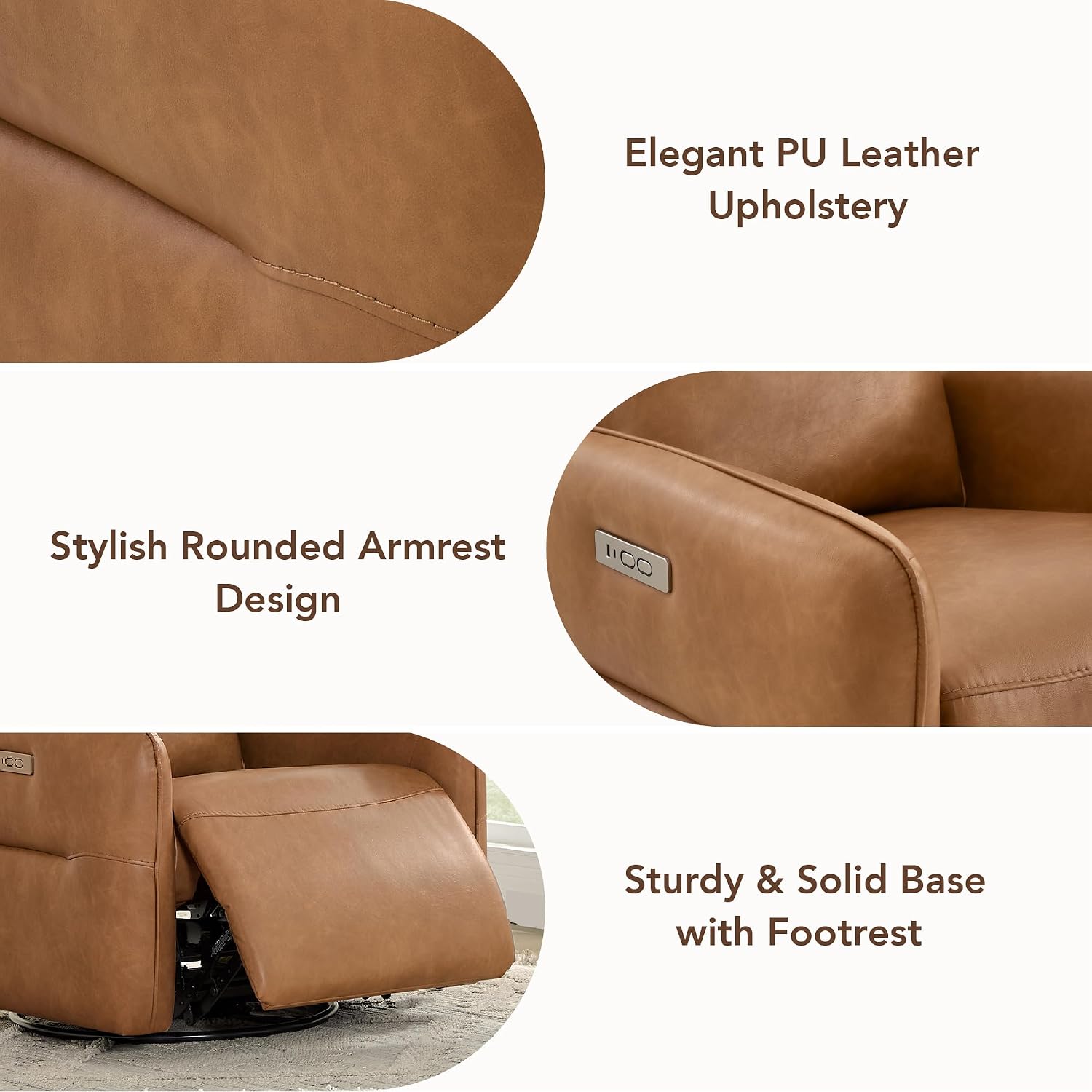 CHITA Faux Leather Power Recliner Chair, Swivel Glider Recliner for Adults, Nursery Rocking Chair with USB & Type-C Charging for Living Room, Bedroom, Camel