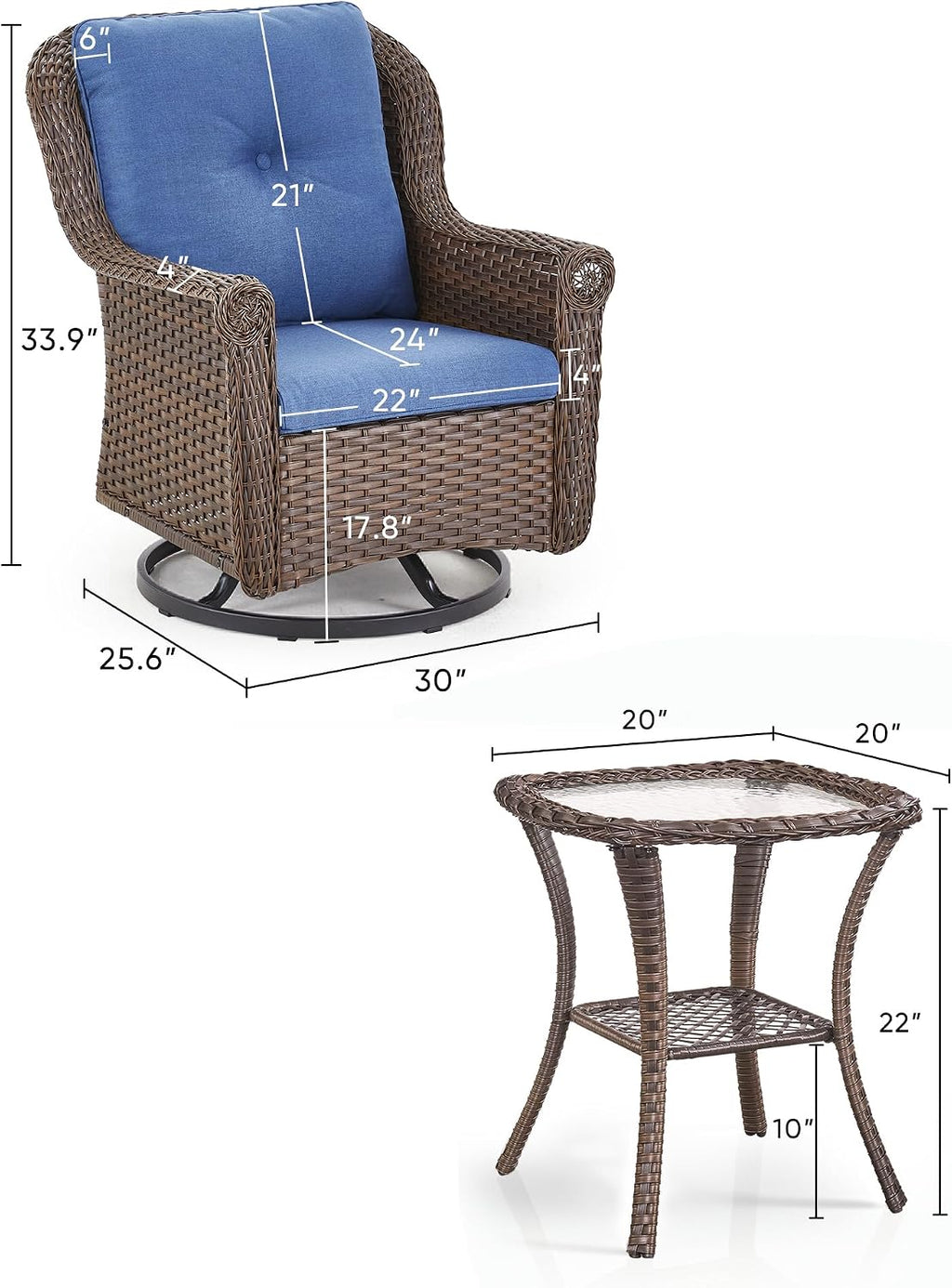 3 Piece Patio Swivel Chairs and Side Table Set - High Back Outdoor Brown Wicker Rattan Rocking Glider with Thick Cushions for Porch Apartment Deck Yard Poolside Garden - Navy Blue