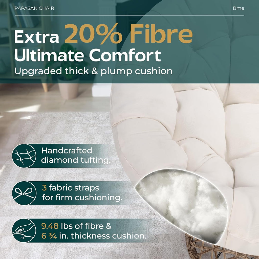 Bme 40' Ergonomic Wicker Papasan Chair with Soft Thick Density Fabric Cushion, High Capacity Steel Frame, 360 Degree Swivel for Living, Bedroom, Reading Room, Lounge