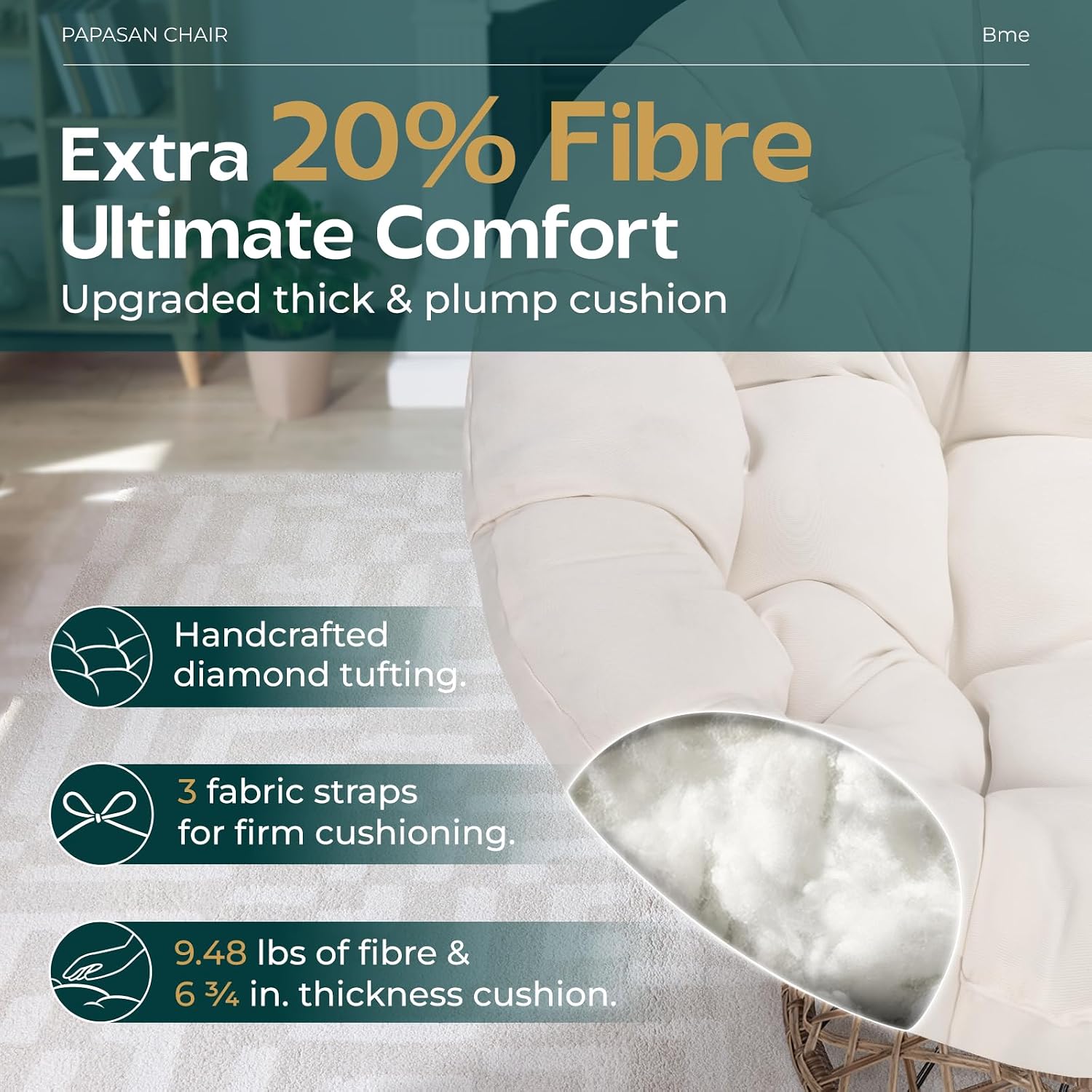 Bme 40' Ergonomic Wicker Papasan Chair with Soft Thick Density Fabric Cushion, High Capacity Steel Frame, 360 Degree Swivel for Living, Bedroom, Reading Room, Lounge