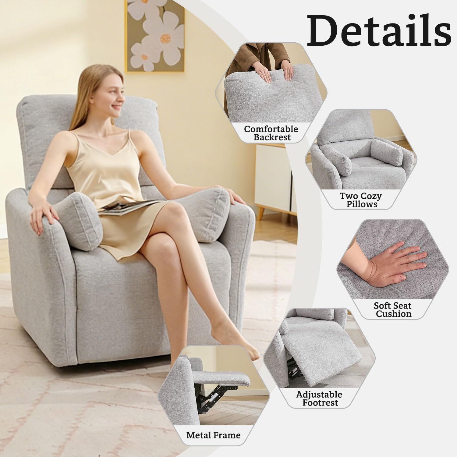 Oversized Power Swivel Rocker Recliner Glider Nursery Chair Large Rocking Recliner for Adults with USB,Type-C Ports,2 Pillows Electric Rocking Reclining Chairs for Living Room,Bedroom,Suede,Gray