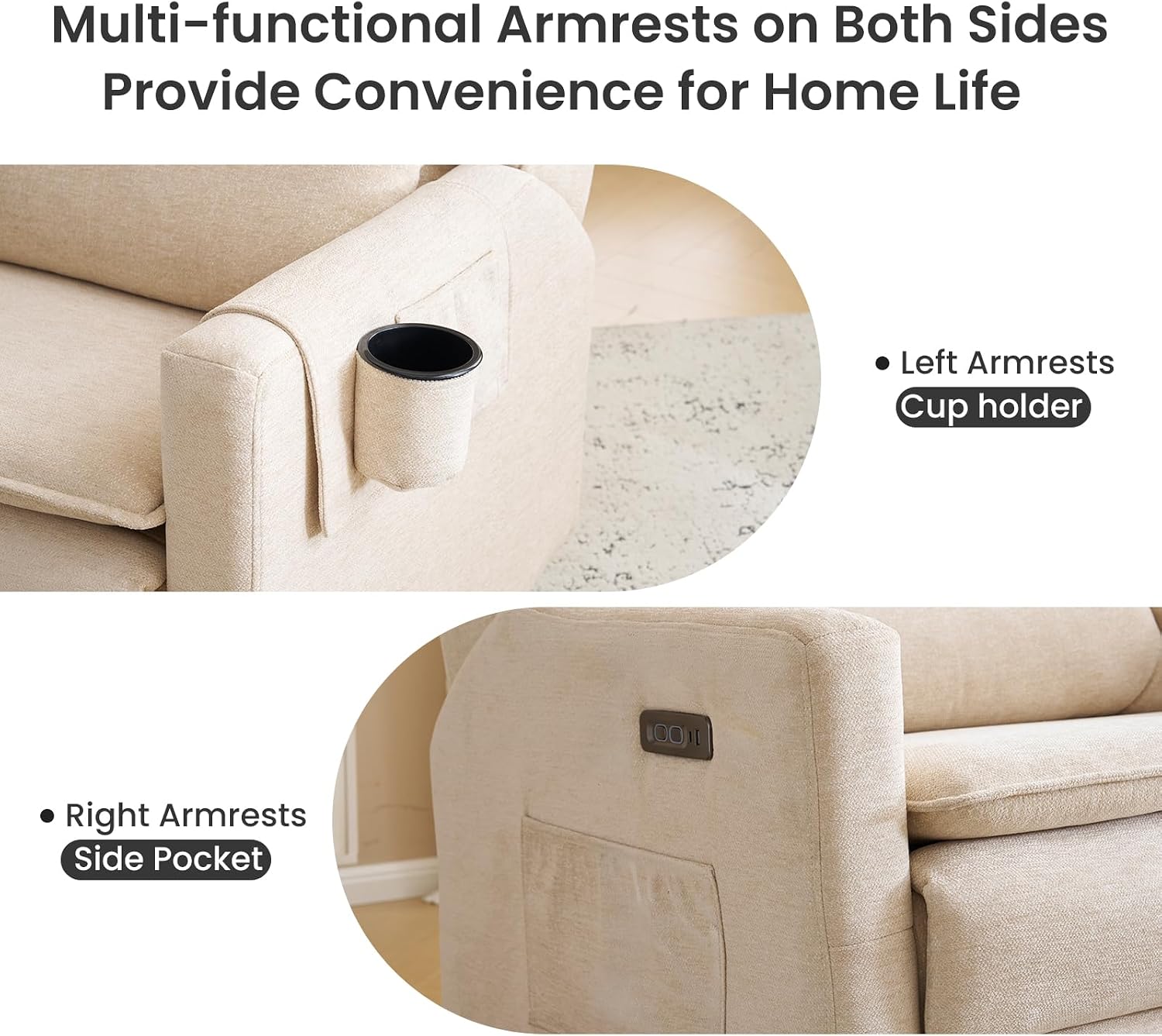 Oversized Swivel Rocker Recliner with Adjustable Headrest, 26' Extra Wide Glider Recliner Nursery Chair with Double Cushion, Chenille Glider Rocking Chair for Living Room,Cup Holder,Beige