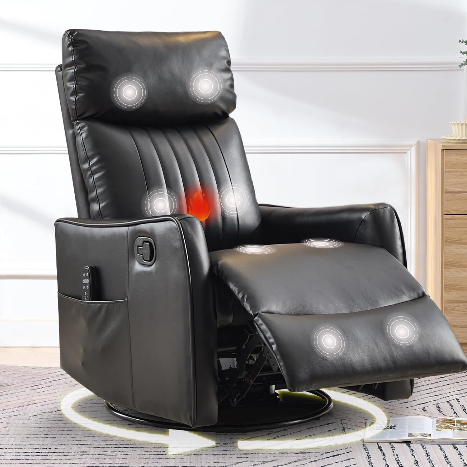 cinkehome Heated Massage Swivel Rocker Recliner Chair for Nursery - Small Space Reclining Chair with Lumbar Support, 360° Swivel & Gentle Rocking, Ergonomic High Back Faux Leather Black