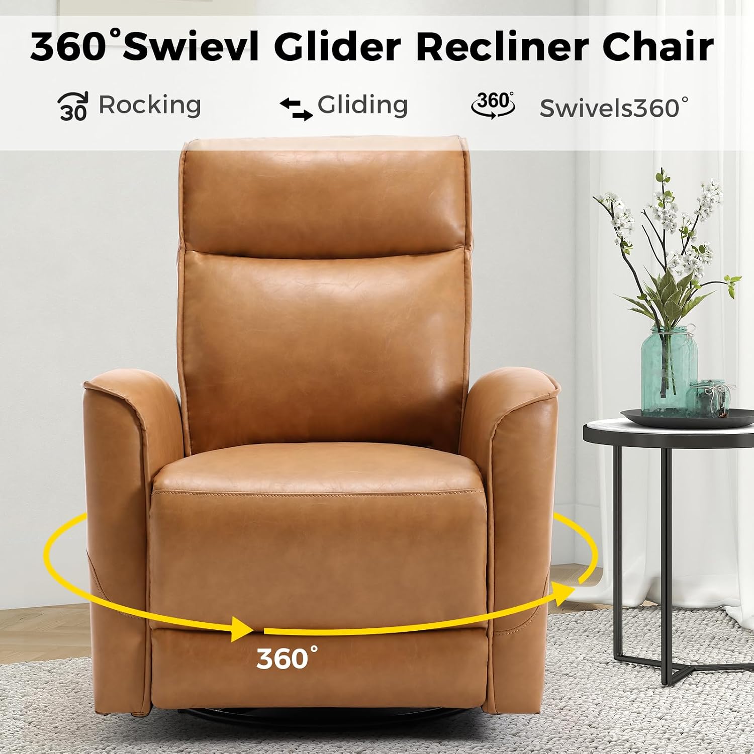 ANJ Manual Swivel Rocker Recliner, Glider Recliners with Padded Armrest and Backrest, Soft Faux Leather Nursery Rocking Recliner Chair Reclining Sofa for Living Room