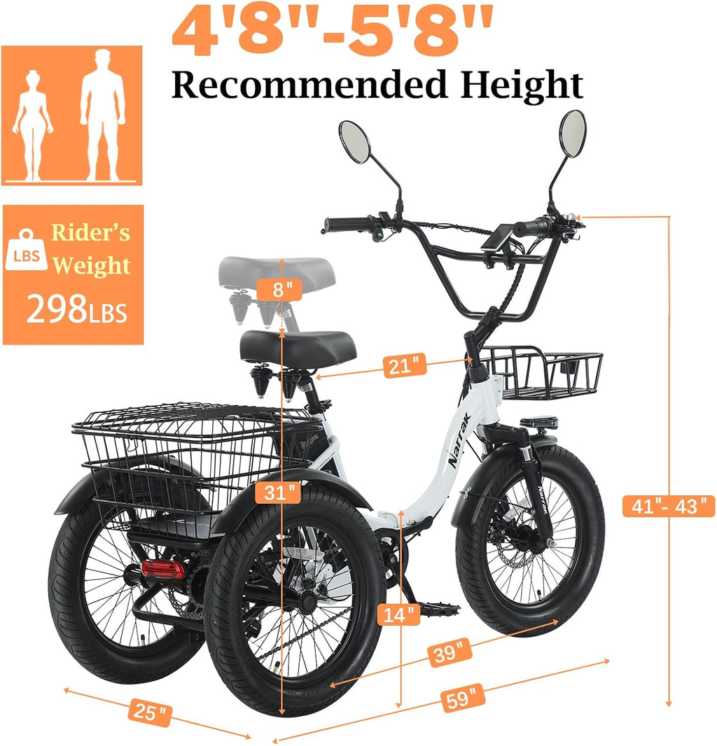 NARRAK Electric Tricycle for Adults,Fat Tire Folding Electric Trike,3 Wheels Electric Bicycle Bikes, Peak 700W/1100W Step-Thru Etrike with Removable Battery and Large Basket