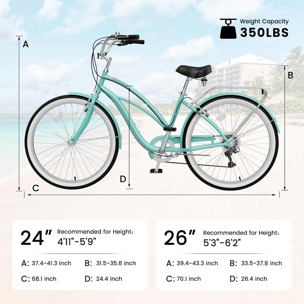 Cruiser Bike for Adults, 7-Speed Beach Cruiser Bicycle, 24/26 Inch Step-Through or High-Bar Frame, Comfort City Commuter Bike with Rear Rack, Fenders, Wide Saddle for Women & Men