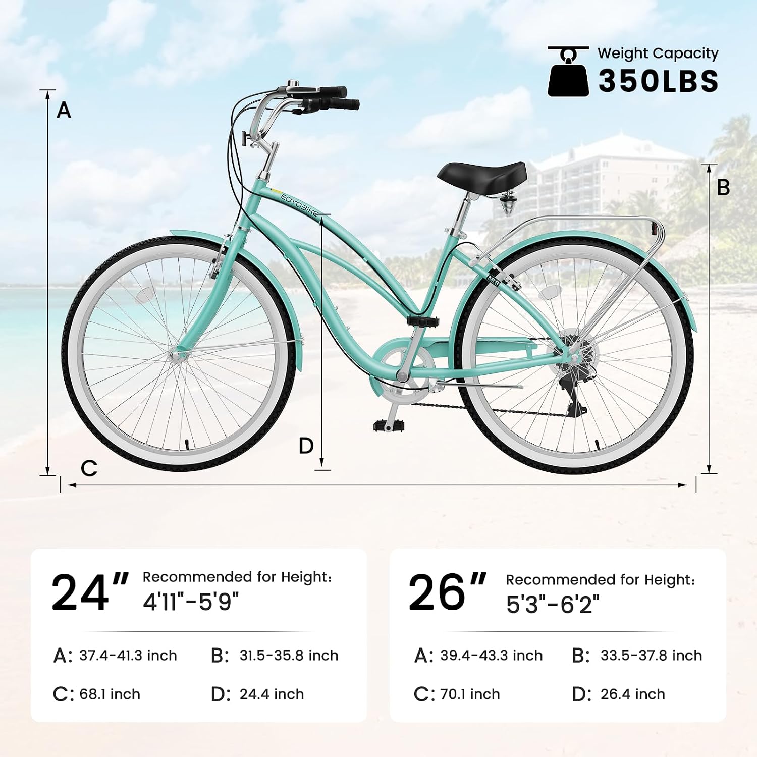 Cruiser Bike for Adults, 7-Speed Beach Cruiser Bicycle, 24/26 Inch Step-Through or High-Bar Frame, Comfort City Commuter Bike with Rear Rack, Fenders, Wide Saddle for Women & Men