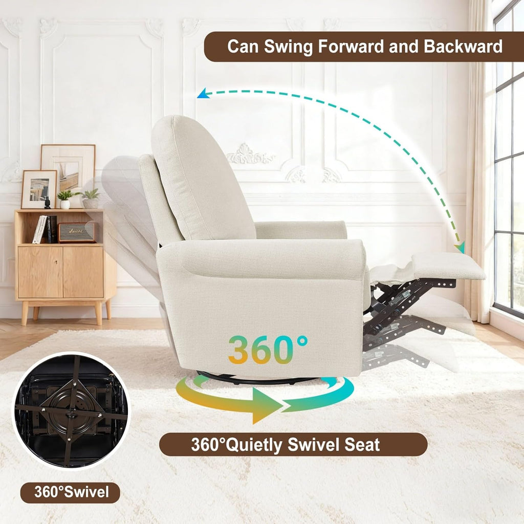 360° Swivel Rocker Recliner Chair with Upholstered Backrest, Small Rocking Recliner for Small Spaces, Chenille Fabric Glider Recliner Nursery Chair (Chenille-Beige, One Chair)