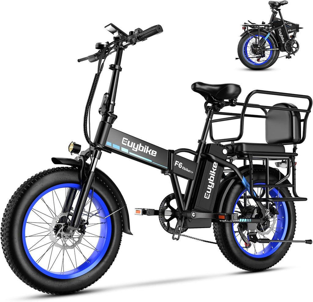 EUYBIKE Foldable Electric Bike for Adults, 30+MPH, 48V 20Ah Removable Battery up to 80Miles, 20' Fat Tire 1000W Peak Motor Adult Electric Bicycle for Beach Mountain E Bike Blue Black with Safety Seat