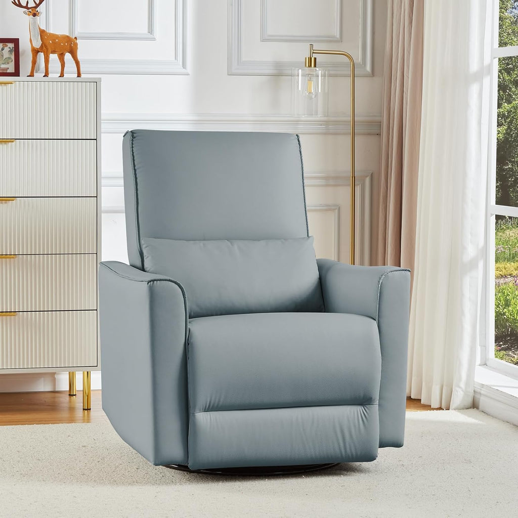 GarveeHome Recliner Chair, 360° Swivel Rocker Glider Nursery Chair with Padded Armrest and Deep Seat, PU Leather Upholstered Reclining Sofa Chair for Living Room, Bedroom and Nursery (Silver)