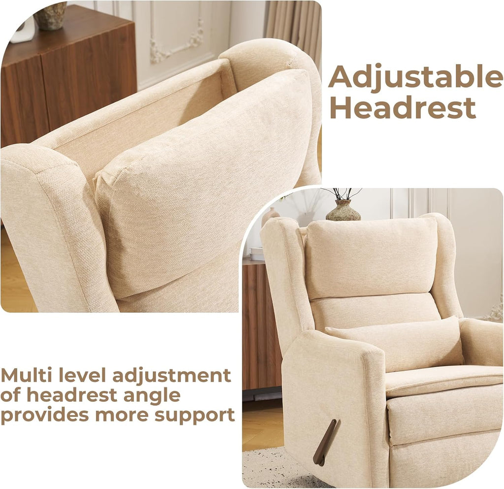Large Glider Rocker Recliner,Rocking Chair Nursery with Adjustable Headrest,Swivel Rocker Recliner with Lumbar Support,Manual Nursery Rocker Recliner for Living Room& Bedroom,Chenille Beige