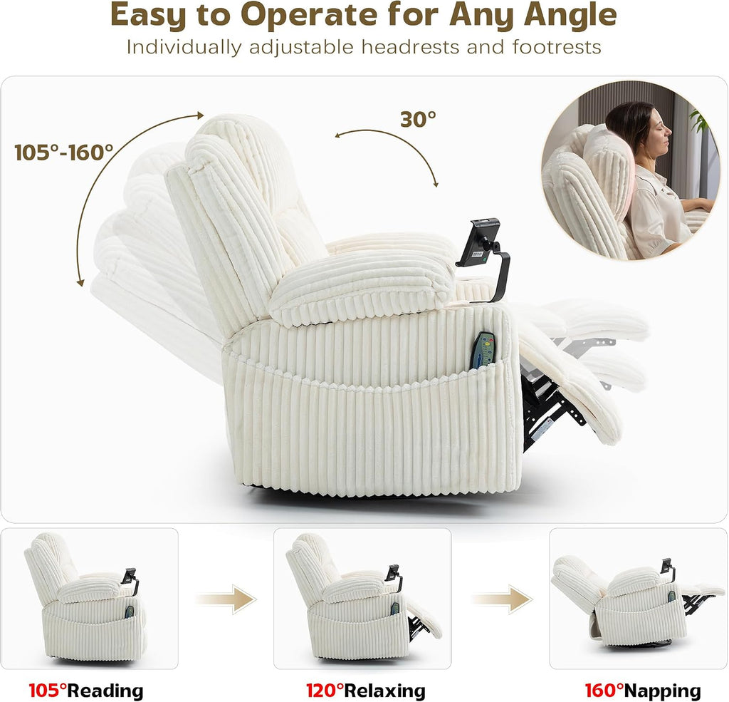 SINCRUMI Power Oversized Swivel Rocker Recliner with Dual Motor Adjustable Headrest for Adults, Glider Rocking Chair with Vibration and Heat, USB A&C Ports, Armrest Storage, Cup Holder, Cream White