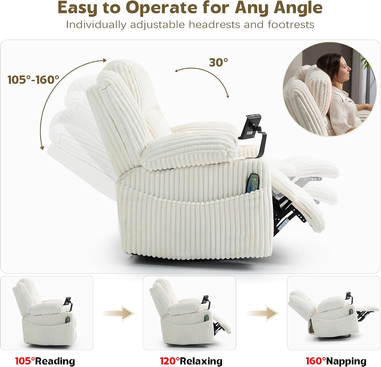 SINCRUMI Power Oversized Swivel Rocker Recliner with Dual Motor Adjustable Headrest for Adults, Glider Rocking Chair with Vibration and Heat, USB A&C Ports, Armrest Storage, Cup Holder, Cream White