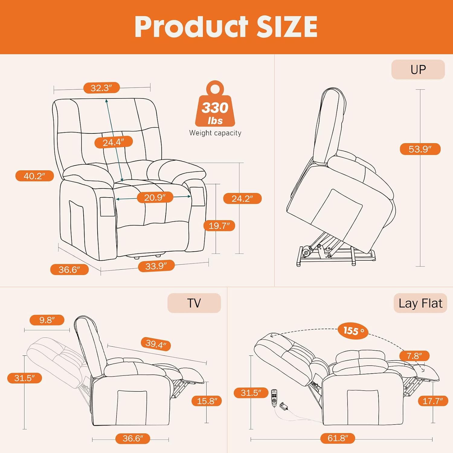 Sweetcrispy Power Lift Recliner Chair with Vibration Massage and Heat for Elderly, Ergonomic Overstuffed Breathable Fabric Reclining Chair with 3 Pockets, Remote Control, Living Room, Light Brown