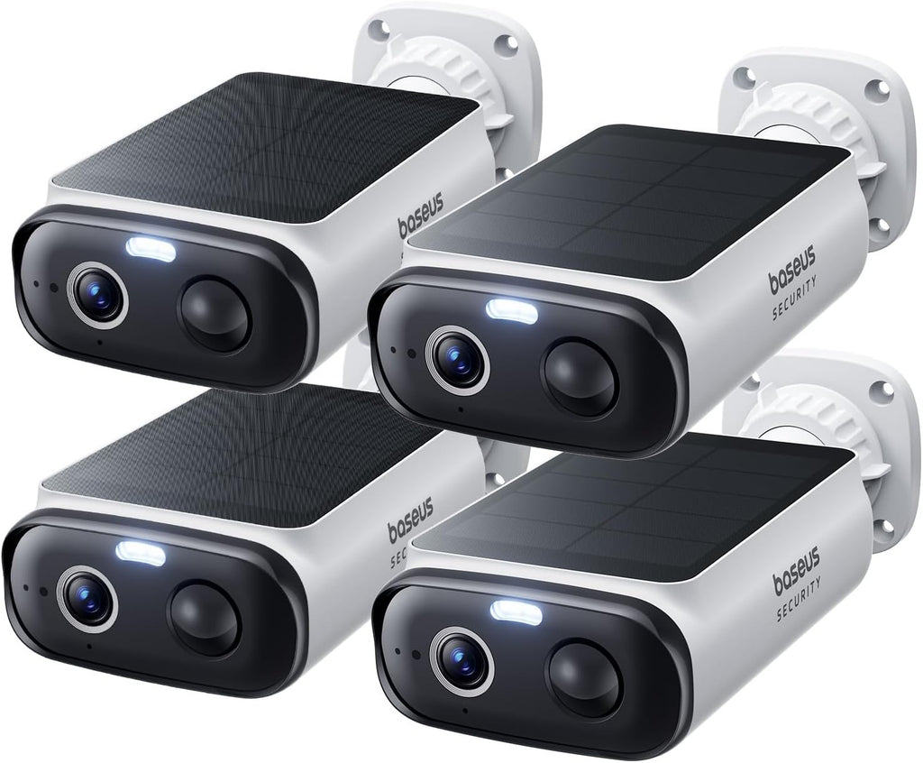 Baseus Solar Security Cameras Wireless Outdoor S1 Lite 4-Cam Kit, 2K Solocam, Continuous Power, Color Night Vision, AI Human Detection, IP67, No Monthly Fee, Compatible with Alexa & Google Home