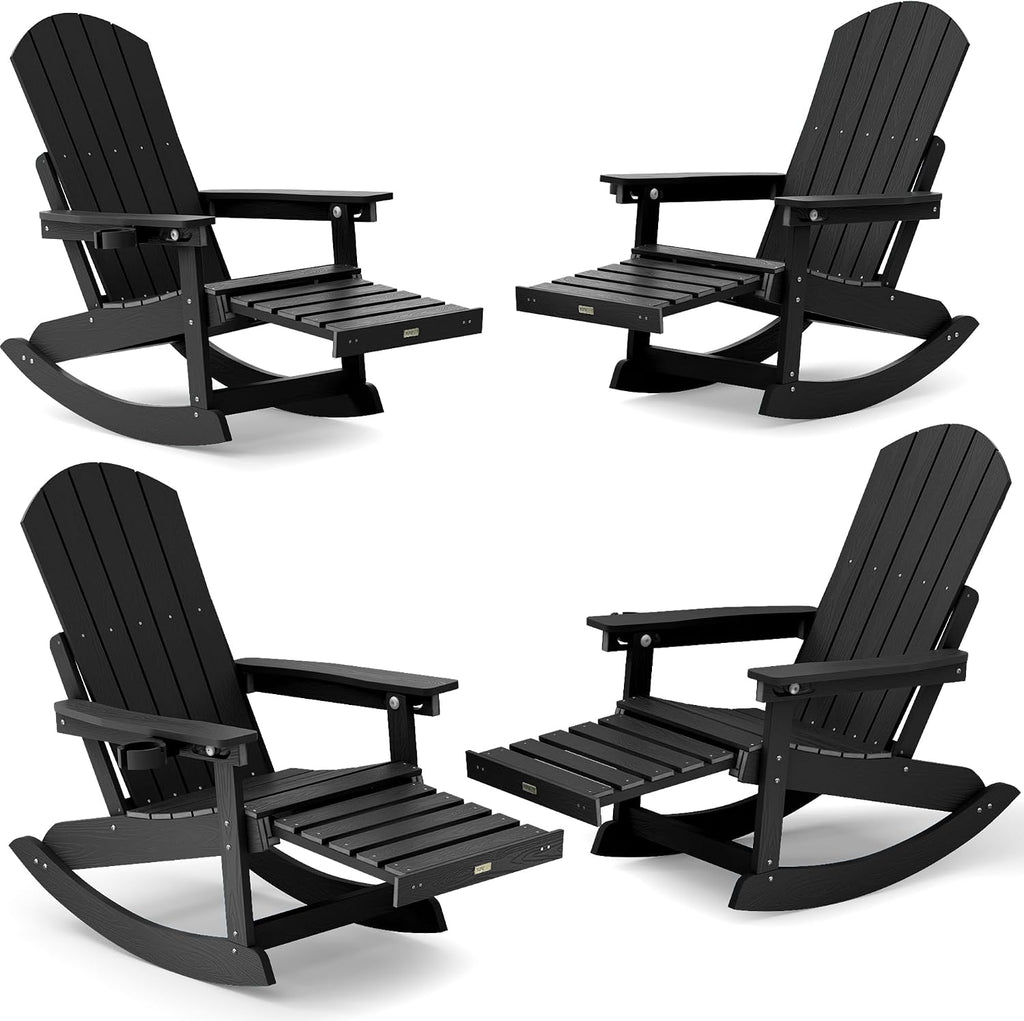 YEFU Rocking Chairs Outdoor Set of 4, Adirondack Chairs with Retractable Ottoman, Adjustable Adirondack Rocking Chair,Rockings Chair Outside,Weather Resistant,for Patio,Porch,Lawn,Heavy Duty,Black