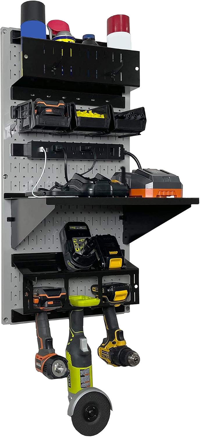Wall Control Power Tool Storage Organizer Kit Cordless Drill Holder Charging Station Rack 16' x 32' Metal Pegboard Organization System (Grey Pegboard)