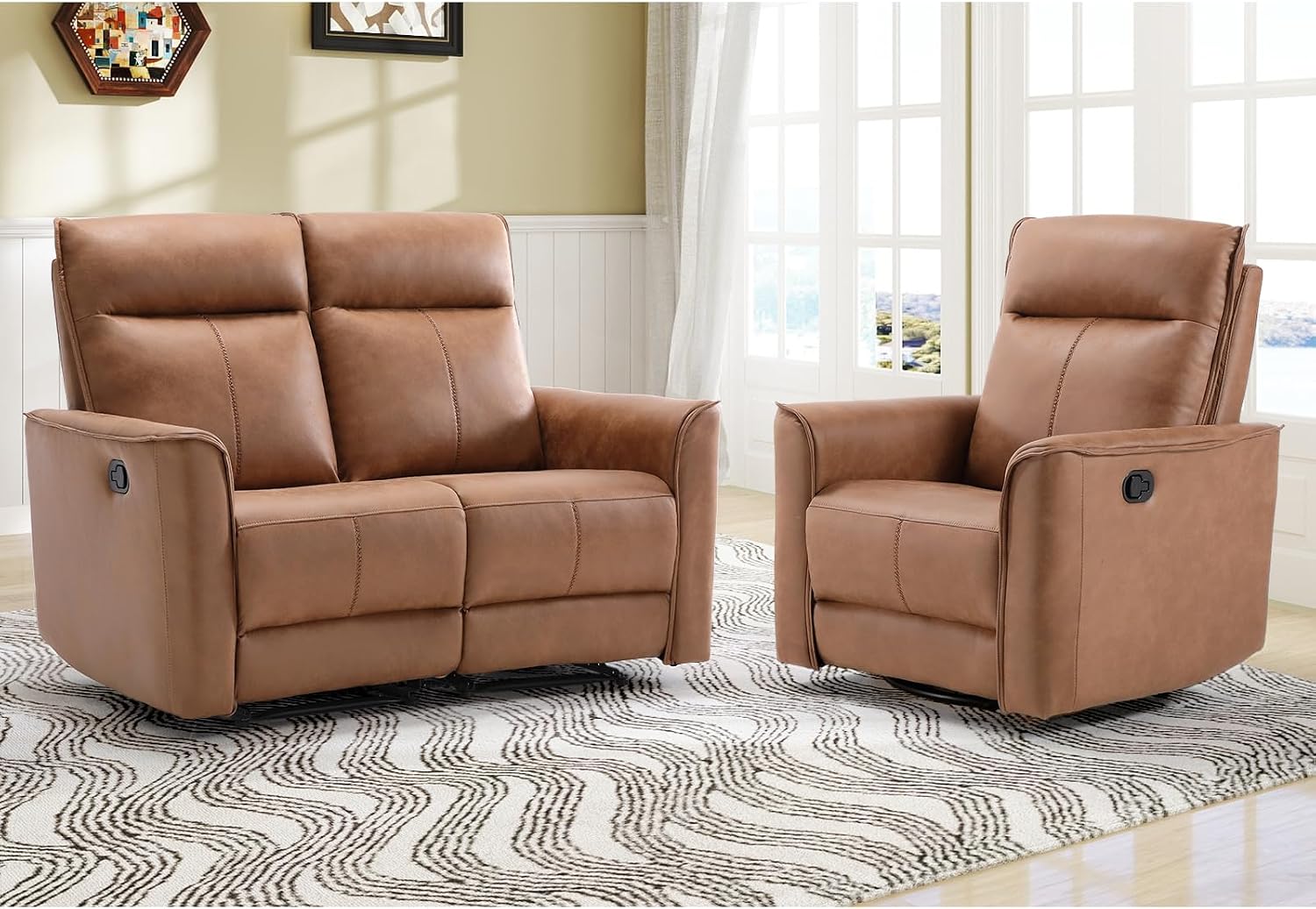 EBELLO Manual Recliner Sofa Furniture Set for Living Room, Included 1 Seat Swivel Glider Recliner Chair and a Wall-Hugger 2 Seat Loveseat Reclining Couch for Home, Office, Brown